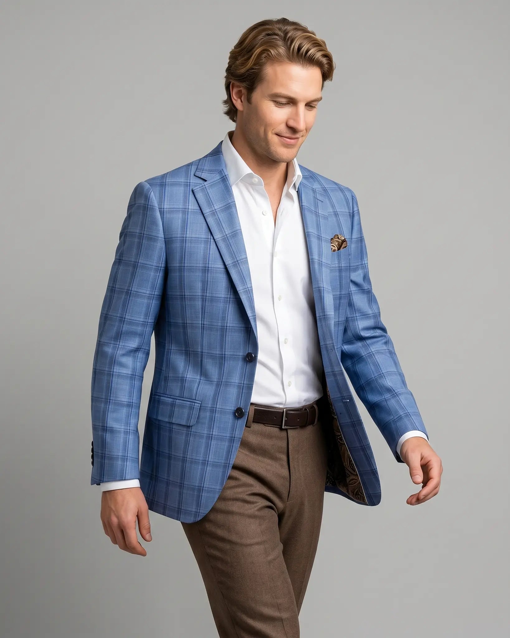 Side view model image of Cornflower Blue Windowpane men's sport coat showing the alternate angled view with subtle lining glimpse