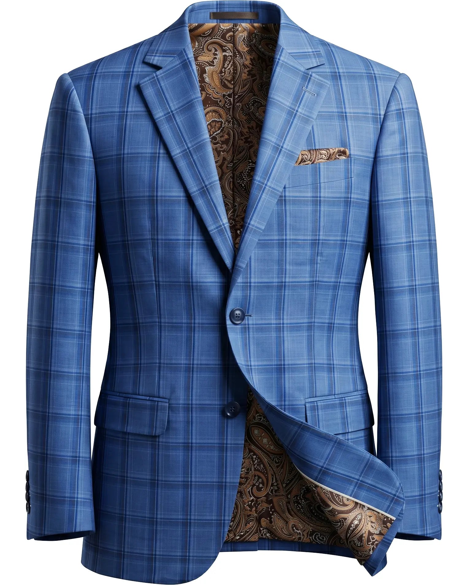Ghost mannequin image of Cornflower Blue Windowpane men's sport coat showing the full jacket construction