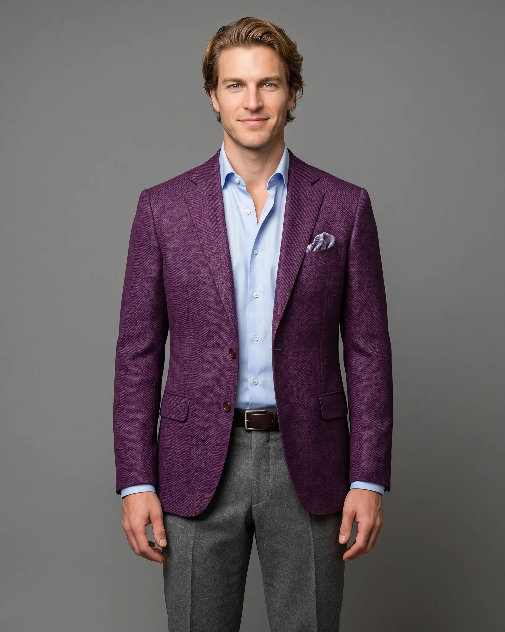 Front model view of deep plum burgundy birdseye men's sport coat showing full front styling