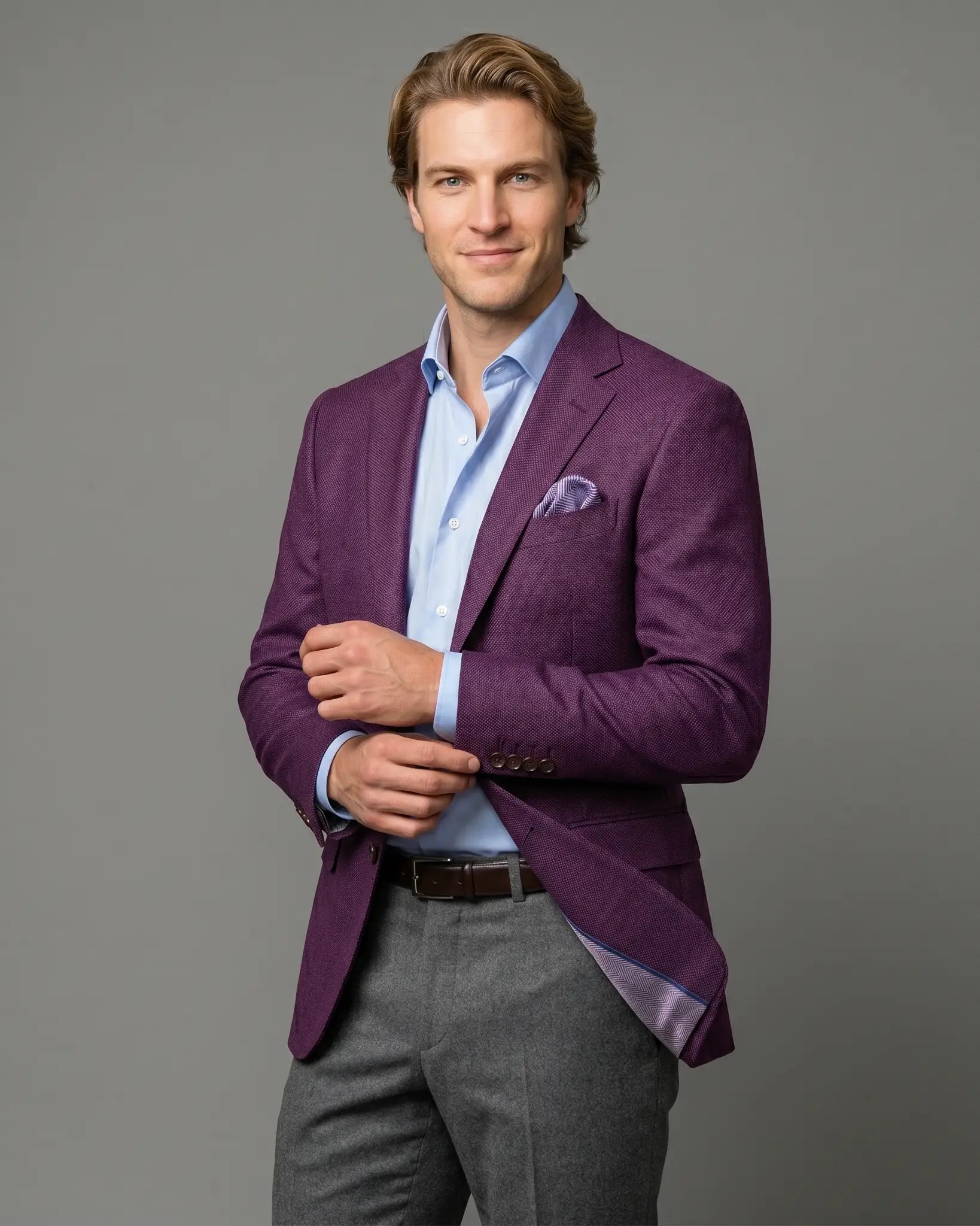 Side model sportcoat view of deep plum burgundy birdseye men's sport coat showing natural lining glimpse