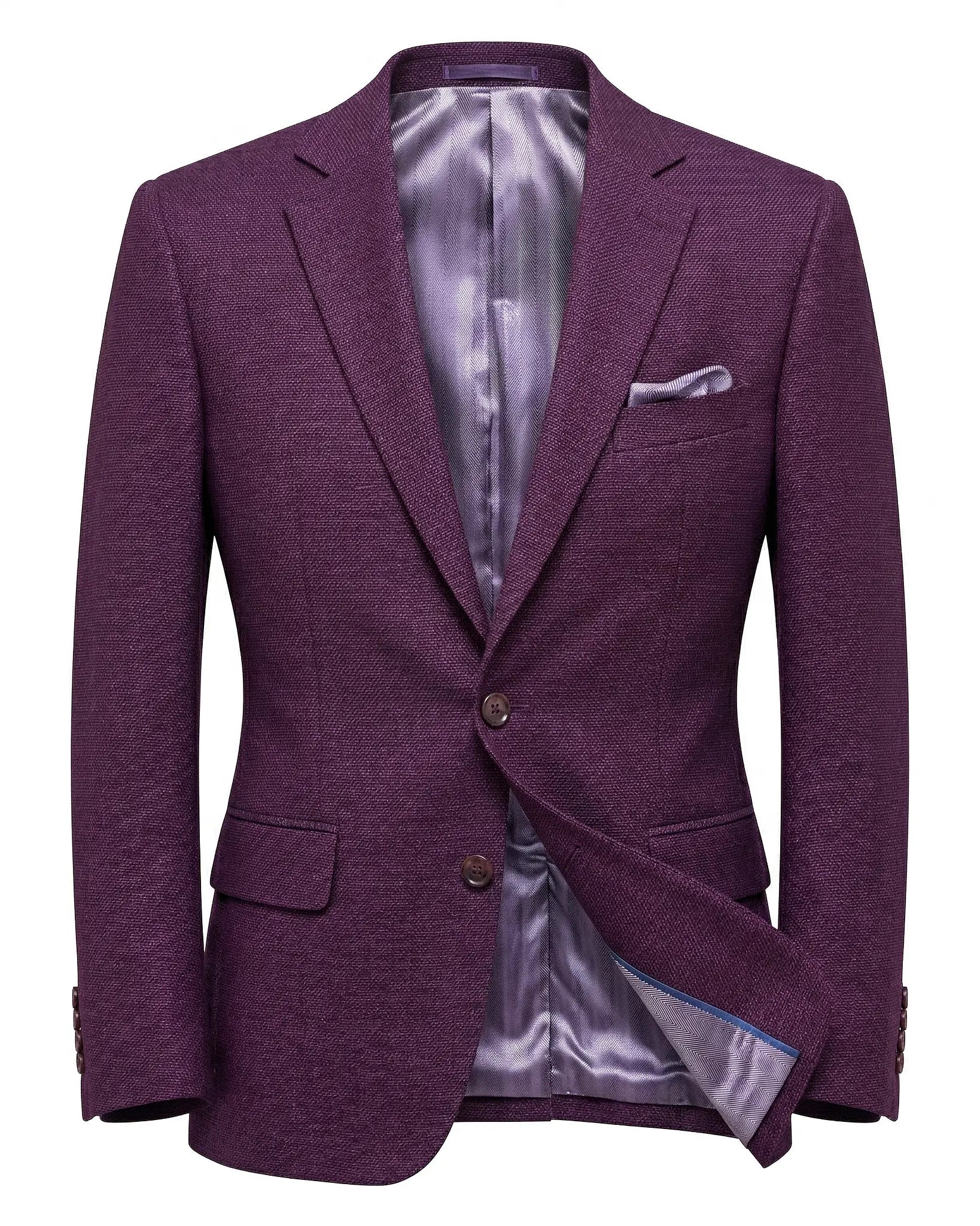 Ghost mannequin view of deep plum burgundy birdseye men's sport coat showing full jacket construction