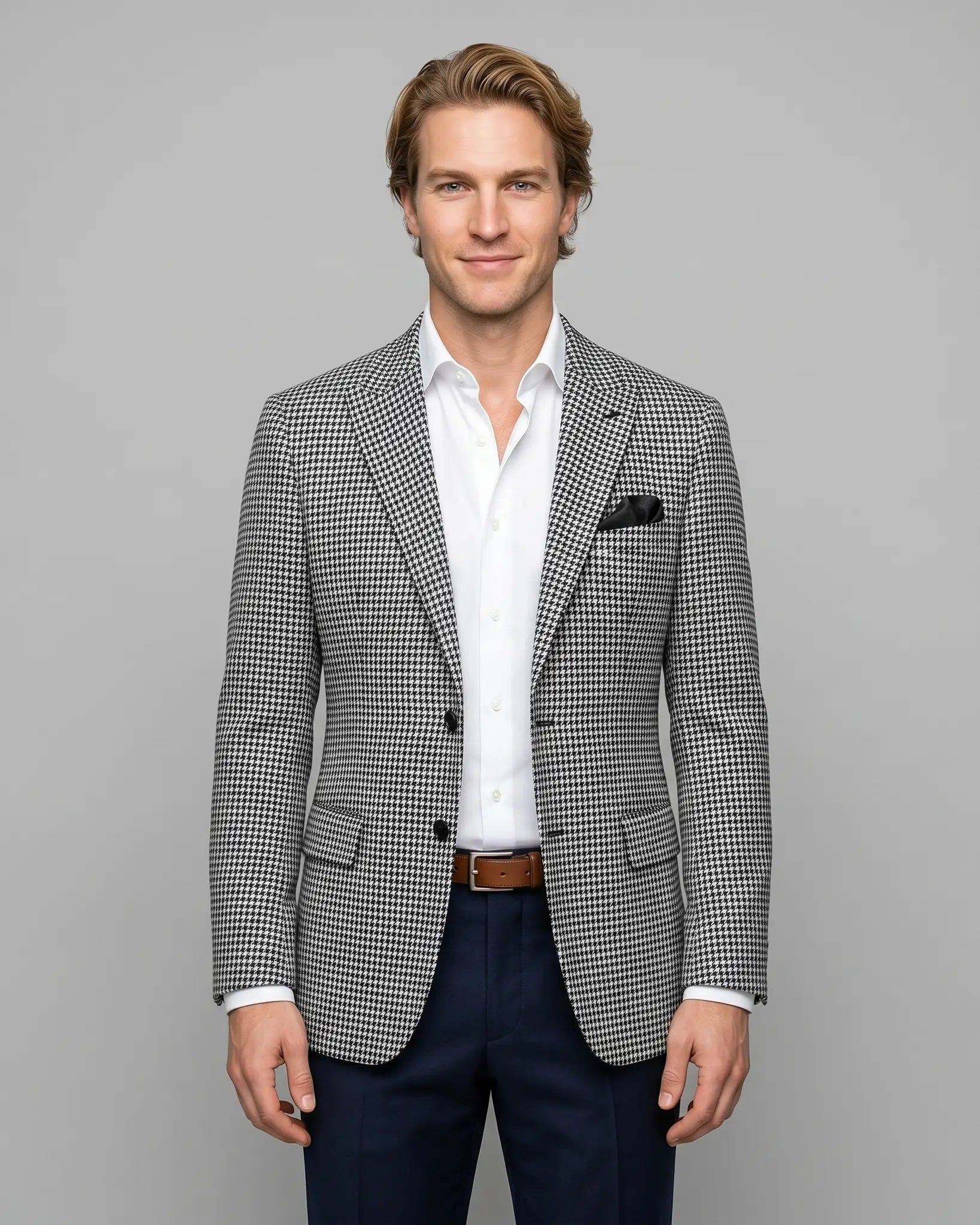 Front model view of High Contrast Black and White Houndstooth men's sport coat showing the tailored front and open styling.