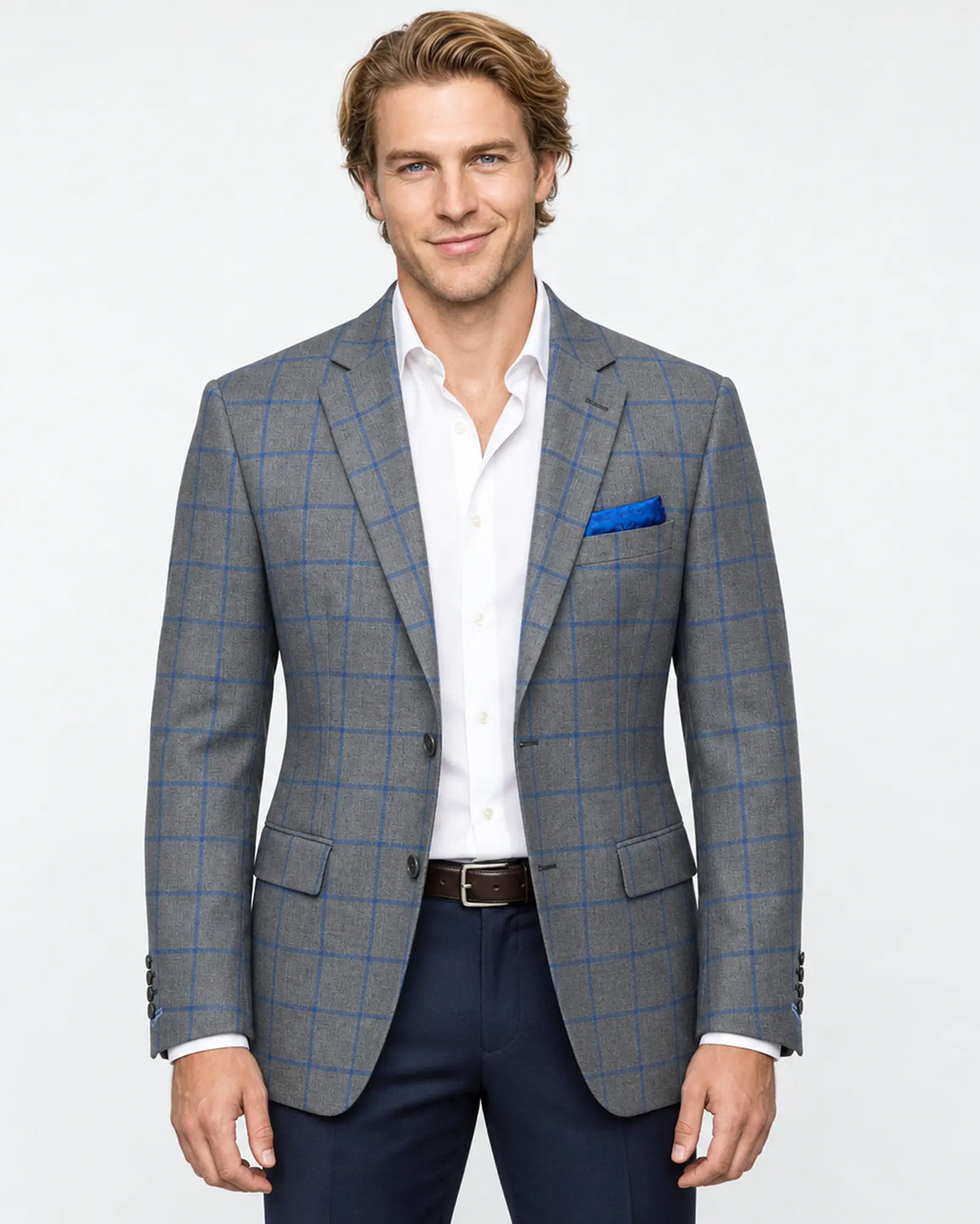 Front model view of mid heather grey royal blue windowpane men's sport coat showing the tailored fit
