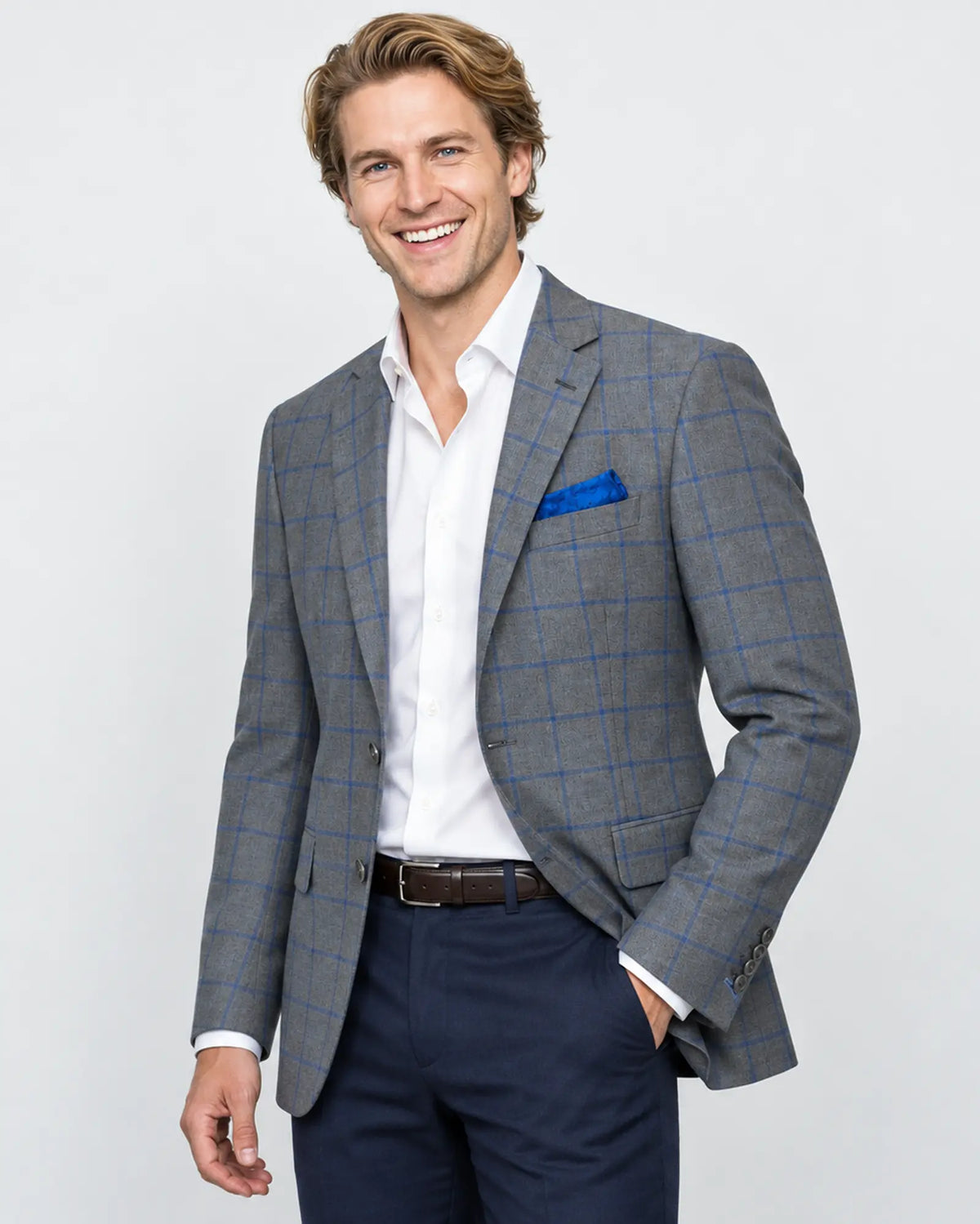 Side model view of mid heather grey royal blue windowpane men's sport coat showing the jacket drape