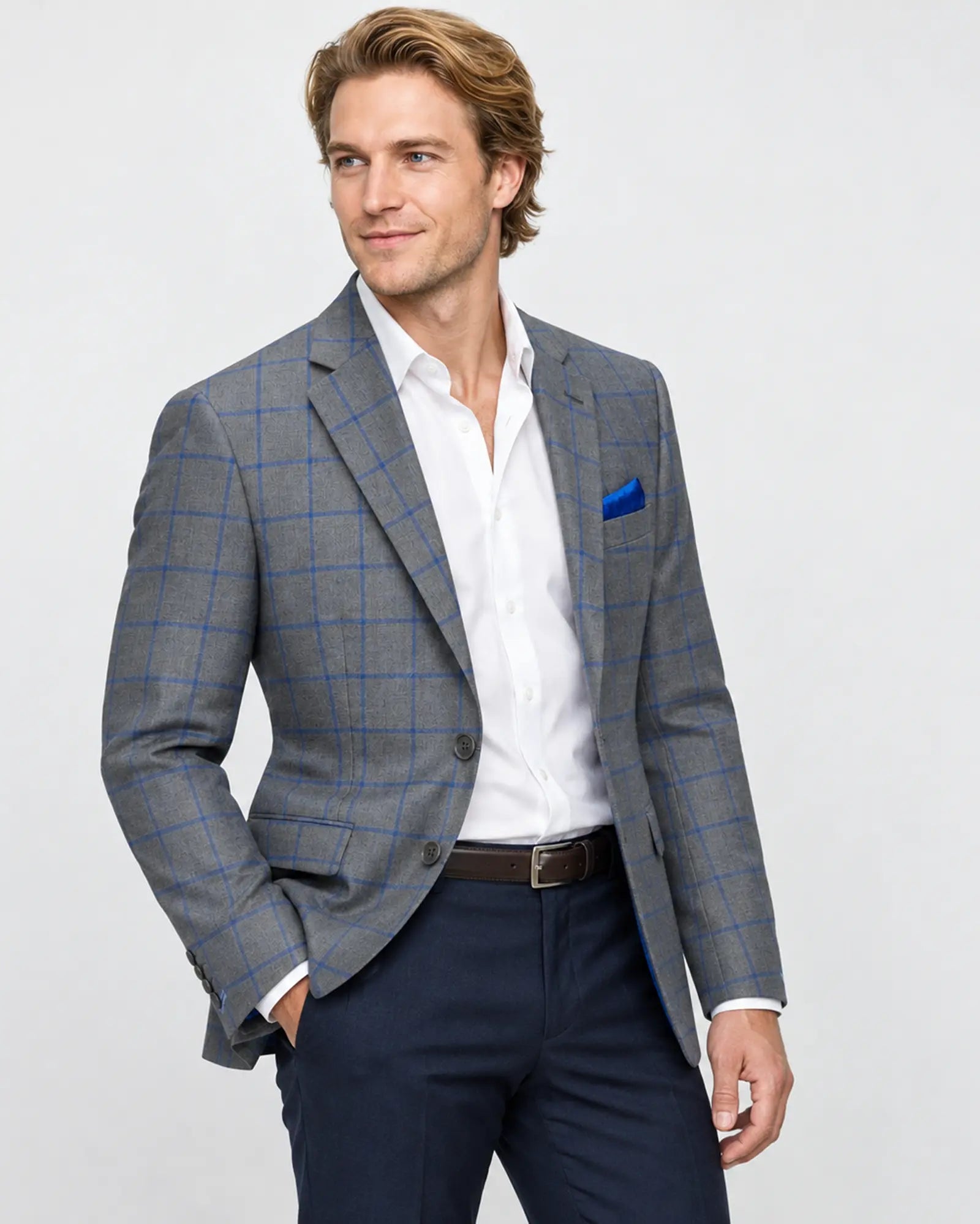 Three quarter model view of mid heather grey royal blue windowpane men's sport coat showing the silhouette