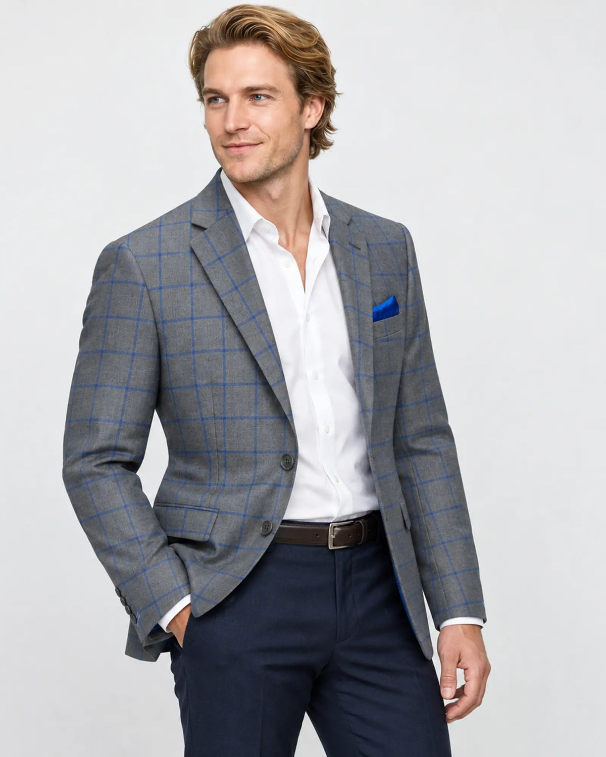 Three quarter model view of mid heather grey royal blue windowpane men's sport coat showing the silhouette