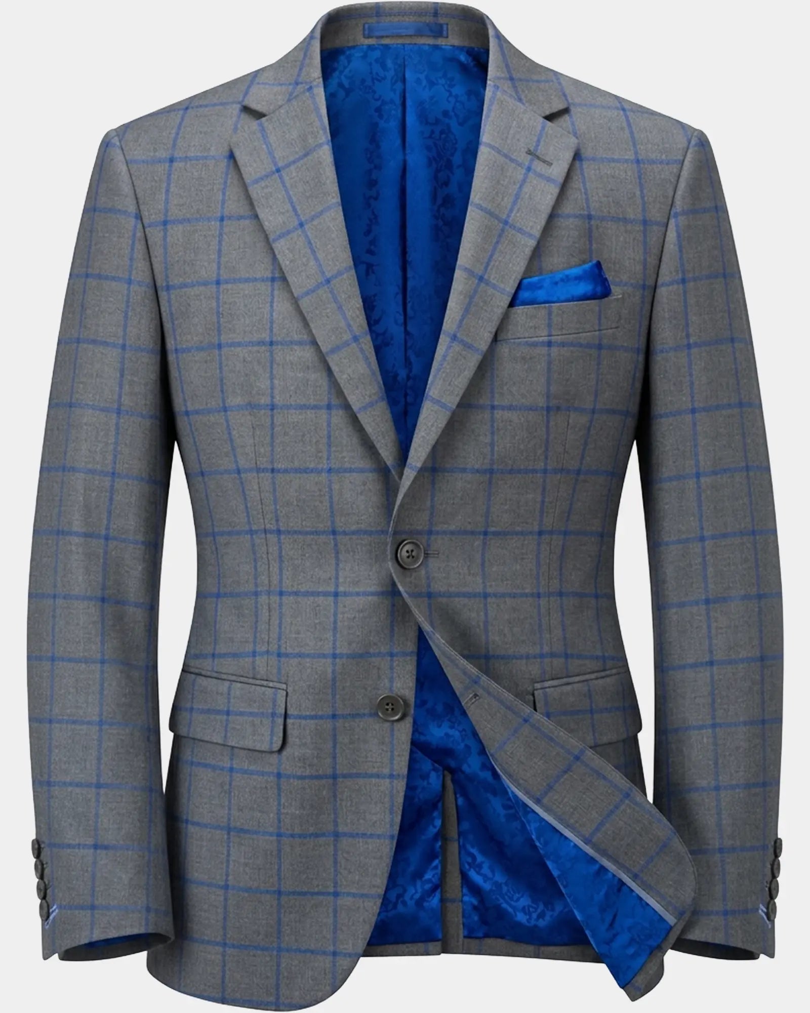 Ghost mannequin view of mid heather grey royal blue windowpane men's sport coat showing jacket construction