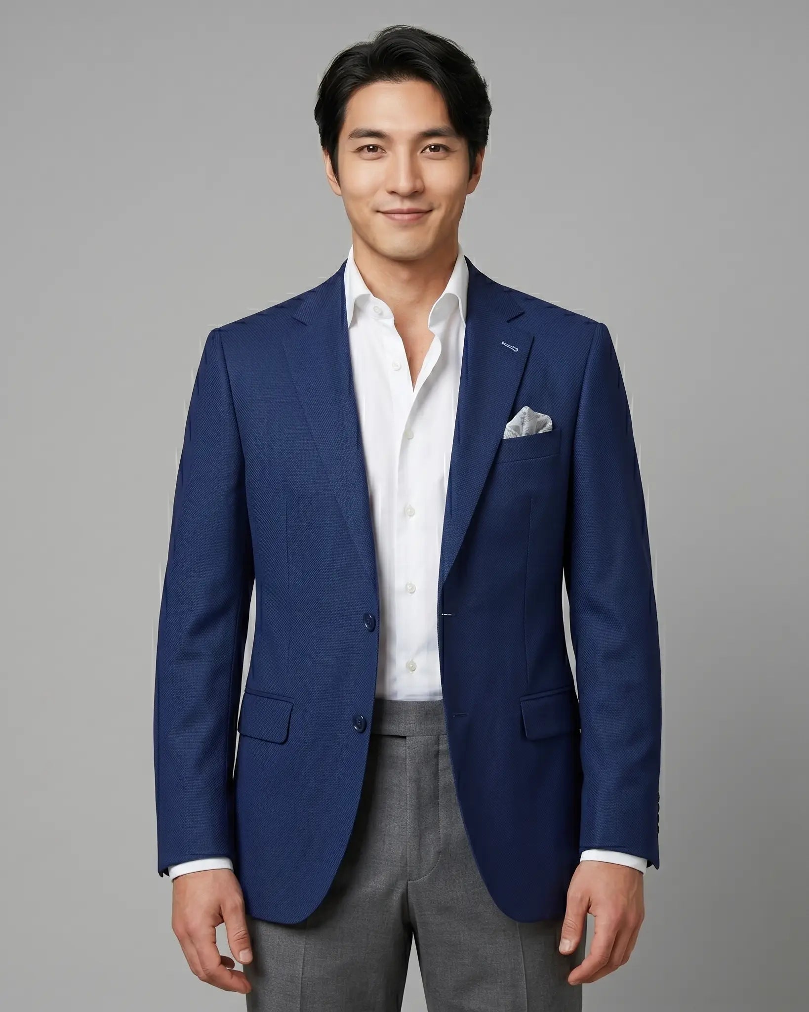 Front model view of Royal blue Birdseye men's sport coat showing the full front silhouette and open styling