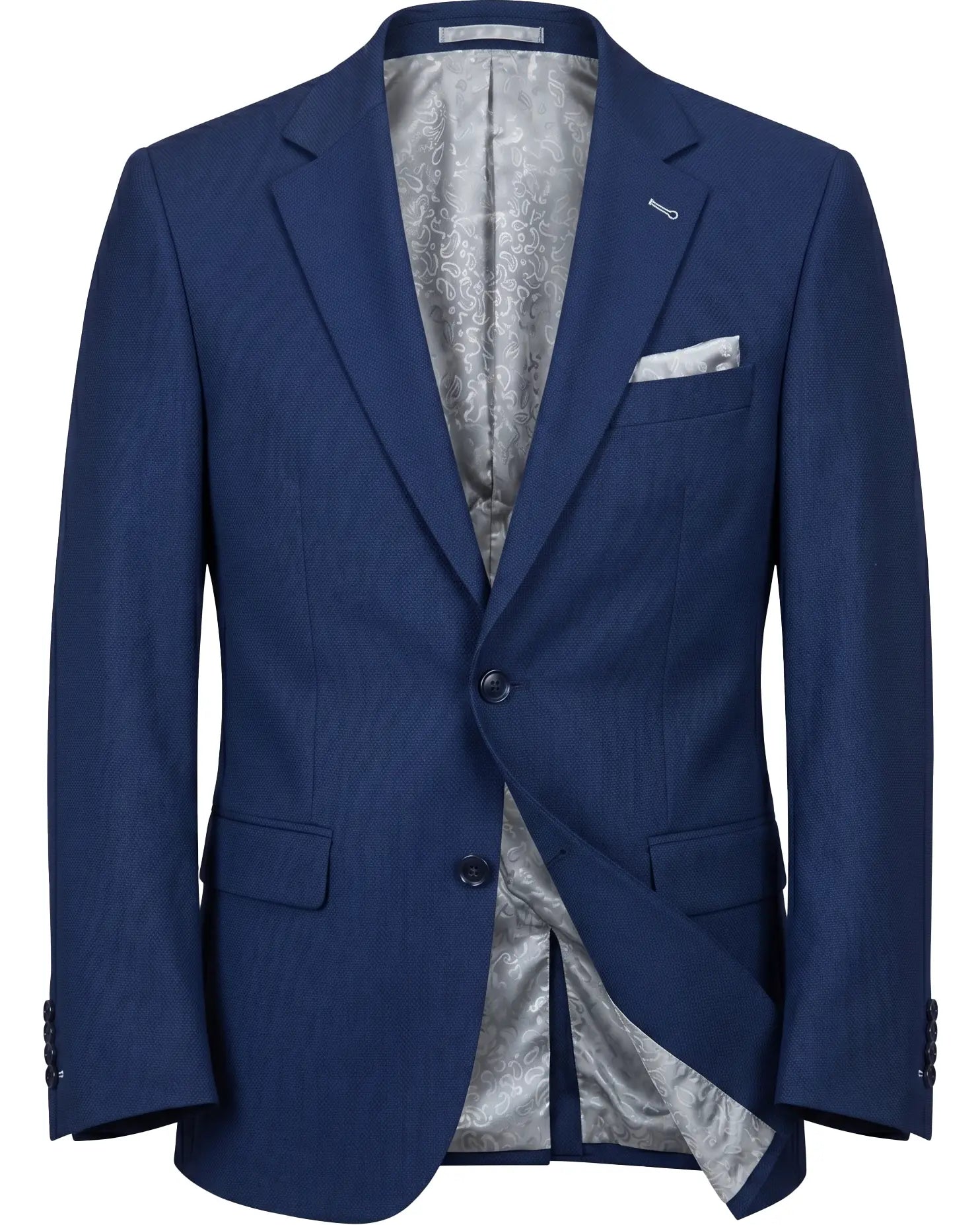 Ghost mannequin image of Royal blue Birdseye men's sport coat showing the full jacket construction