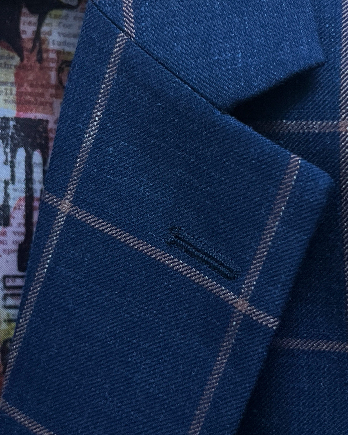 Lapel buttonhole detail of Royal Blue Crimson Windowpane men's sport coat showing the standard lapel buttonhole finish