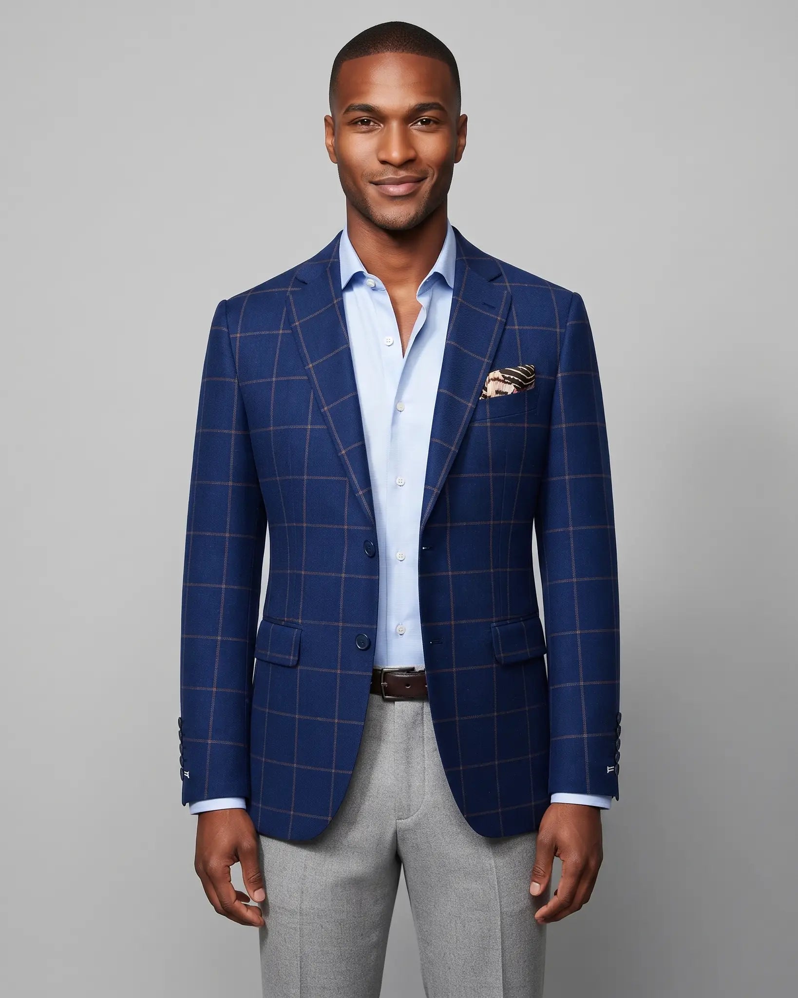 Front model view of Royal Blue Crimson Windowpane men's sport coat showing the straight on editorial look and full front styling