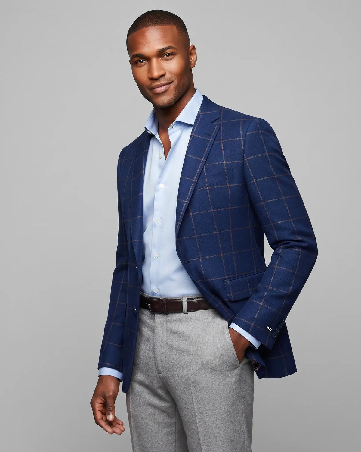 Alternate angled model view of Royal Blue Crimson Windowpane men's sport coat showing open front styling and a subtle lining glimpse