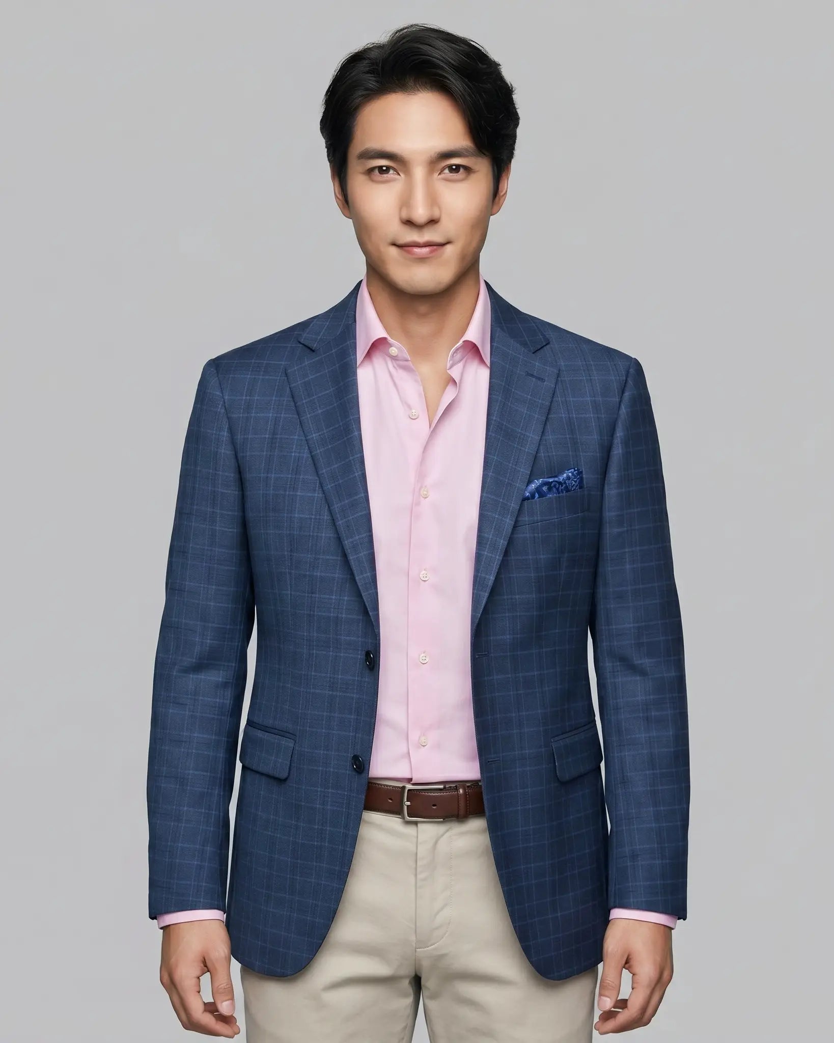Front model view of slate blue windowpane check men's sport coat showing full tailored styling and front silhouette