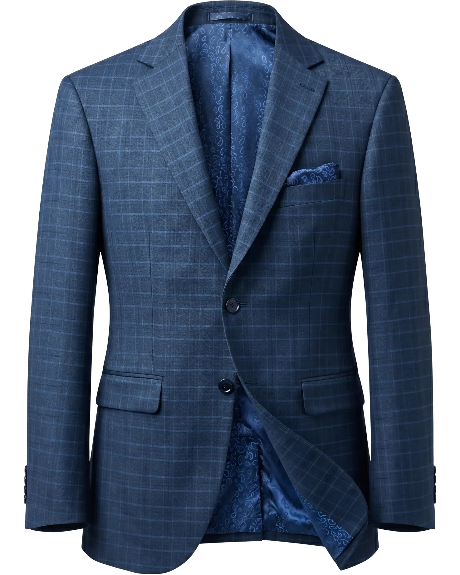 Ghost mannequin view of slate blue windowpane check men's sport coat showing full jacket construction