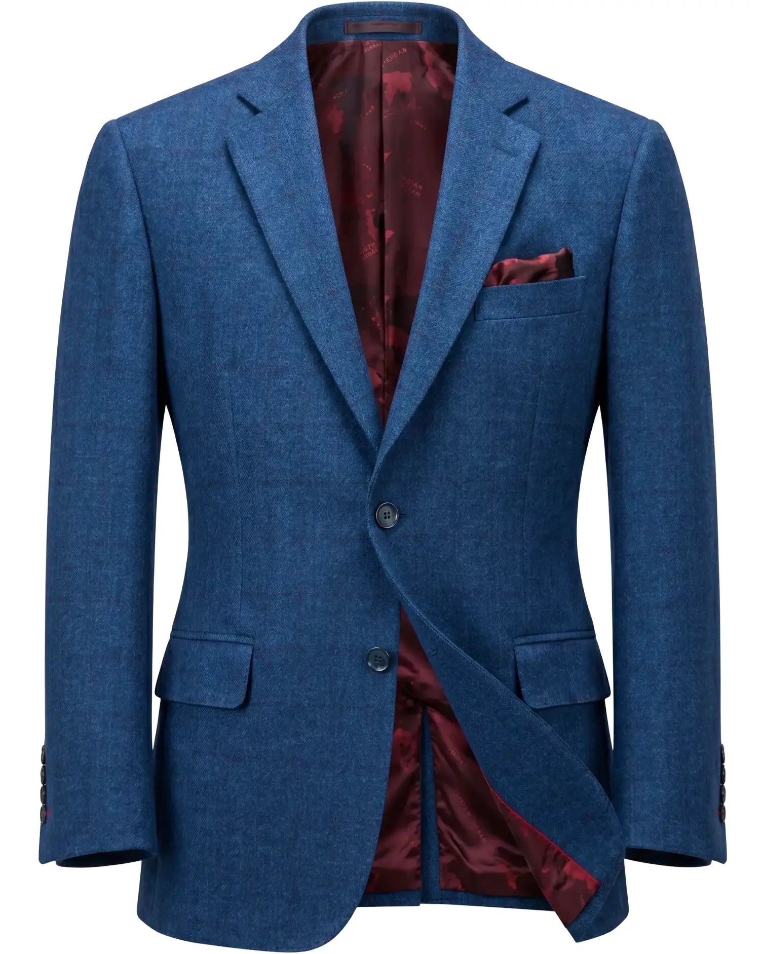 Ghost mannequin view of teal blue with red windowpane men's sport coat showing the full jacket construction