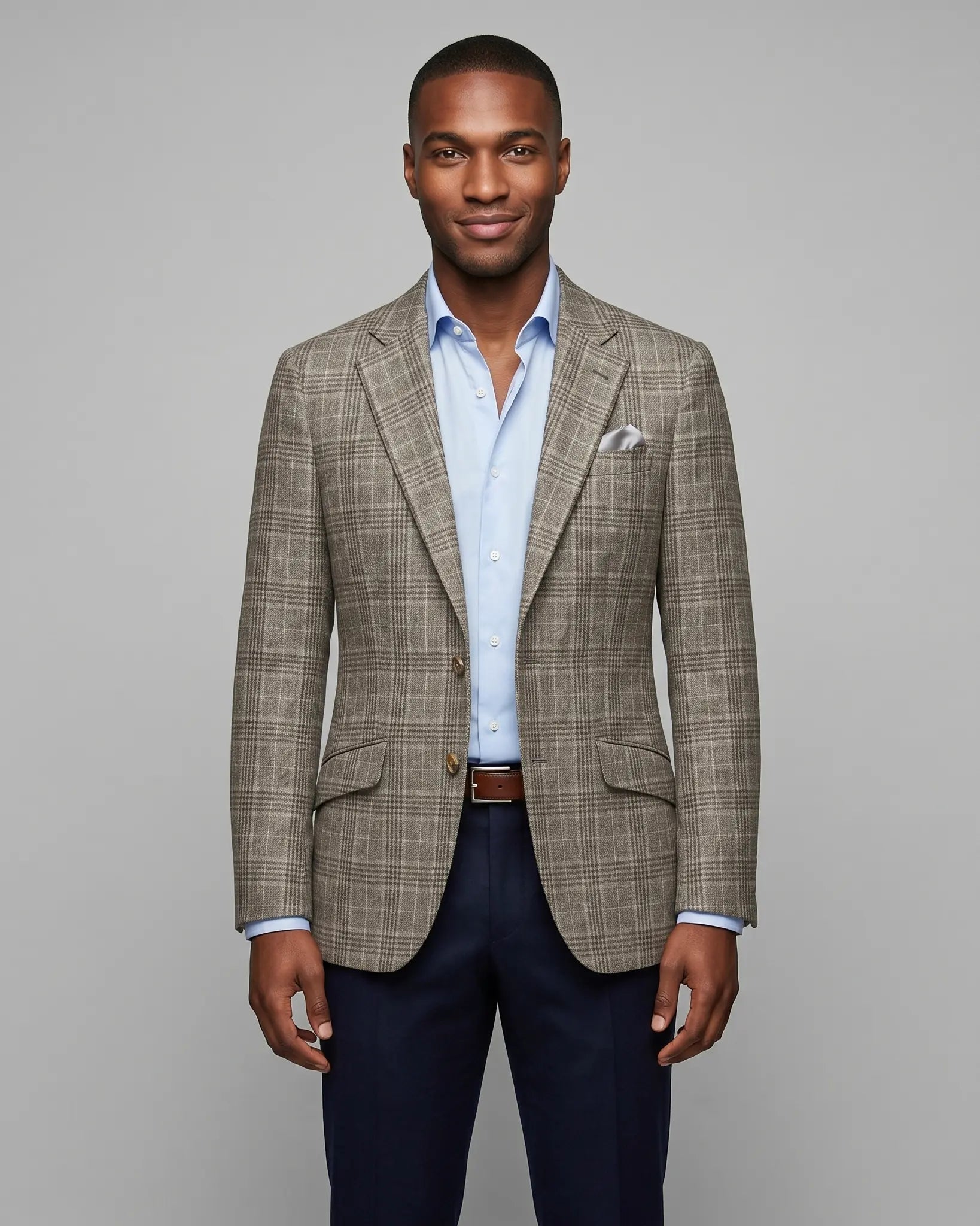 Front model view of Warm Taupe Textured Check men's sport coat showing overall silhouette and open front styling