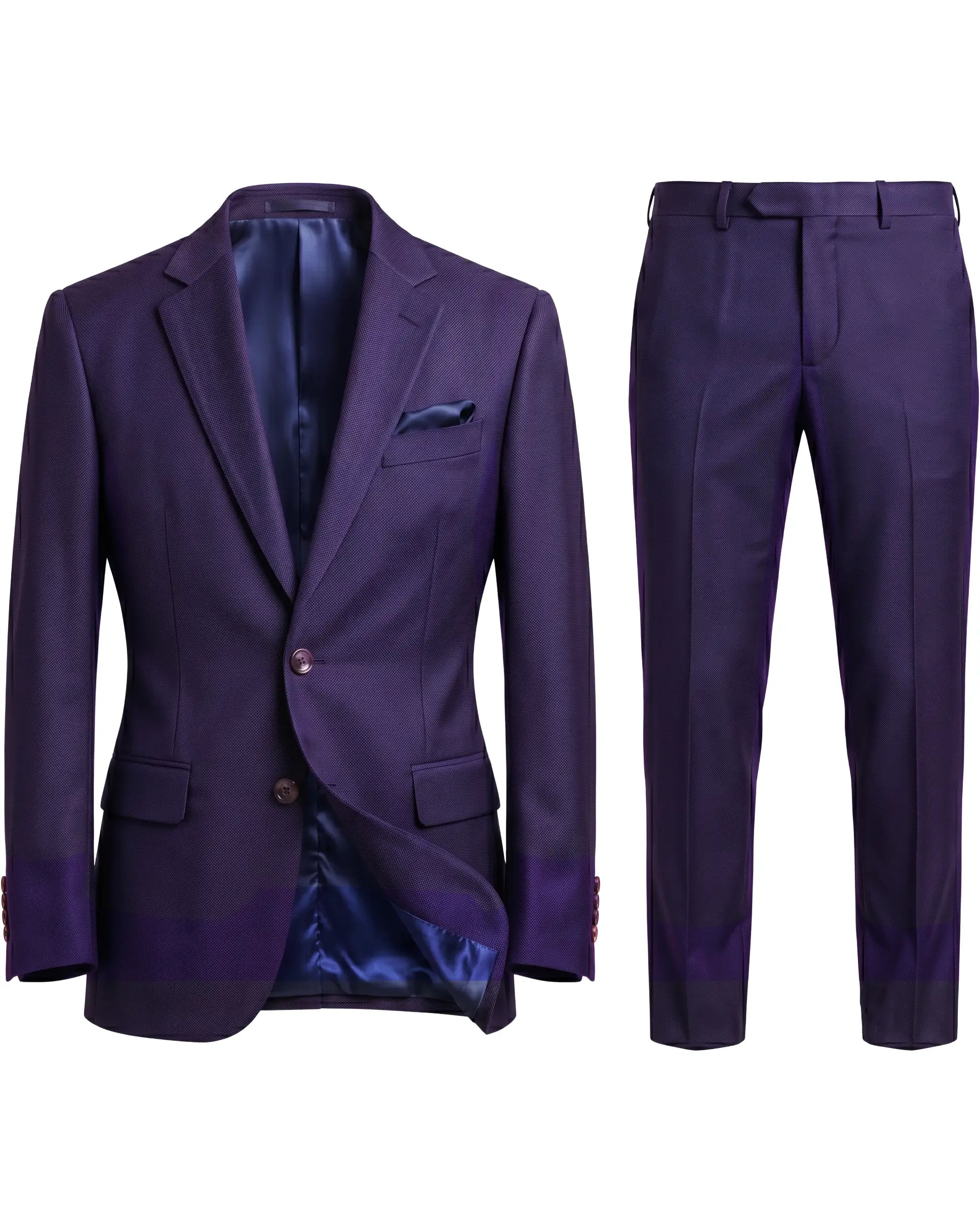 Full suit presentation of aubergine birdseye men's suit showing matching jacket and trousers.