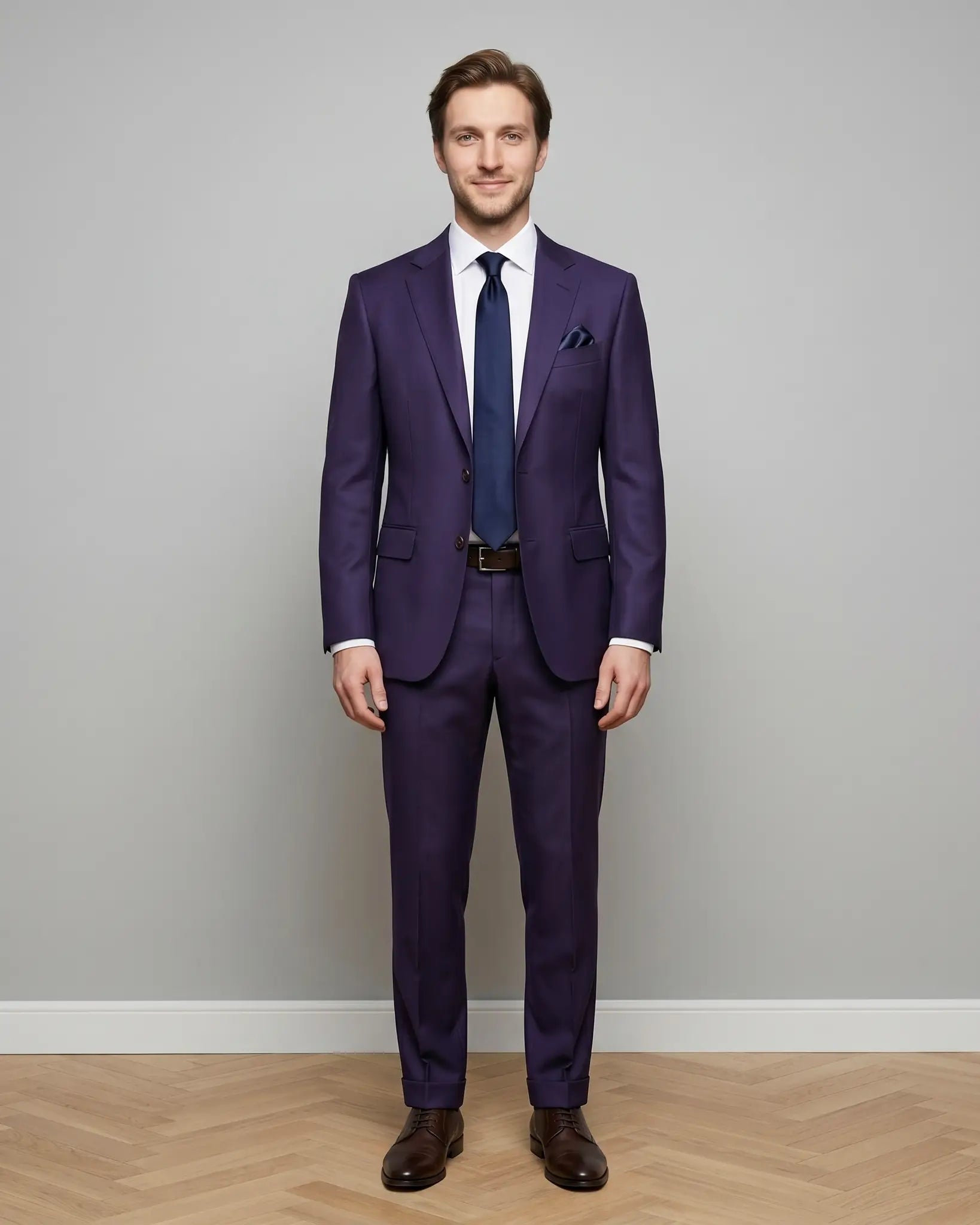 Full body front studio portrait of aubergine birdseye men's suit showing tailored jacket, trousers, belt, tie, and dark brown leather shoes.