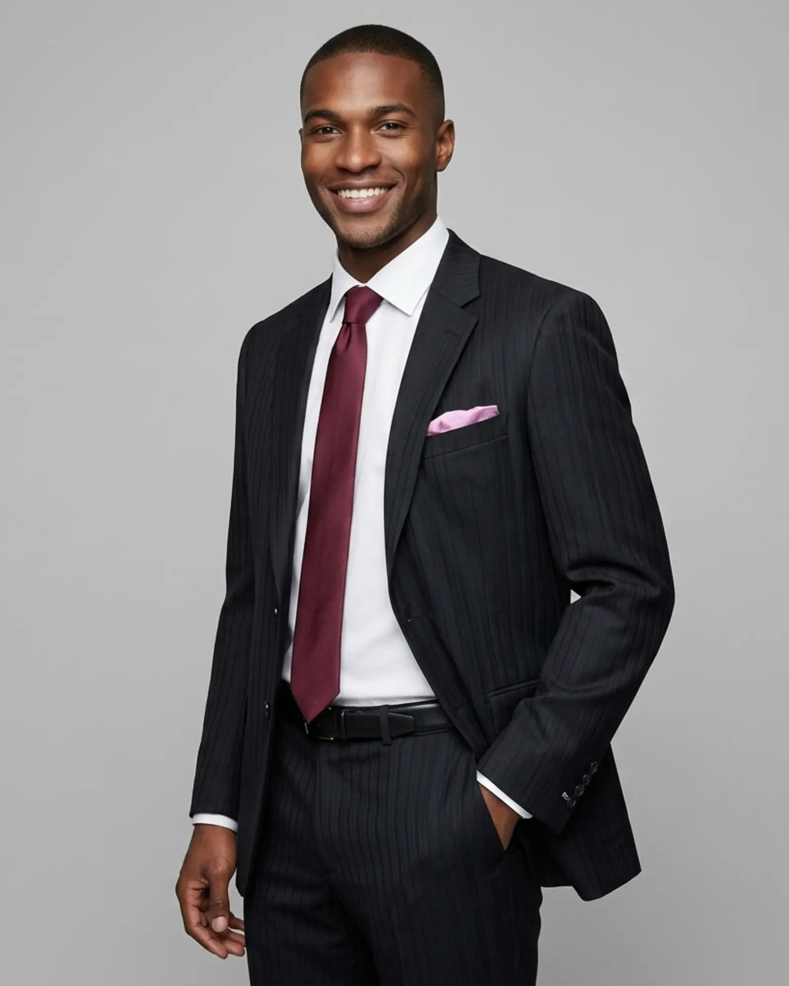 Model side view of black herringbone with shadow stripes men's suit showing the jacket shape and fabric pattern