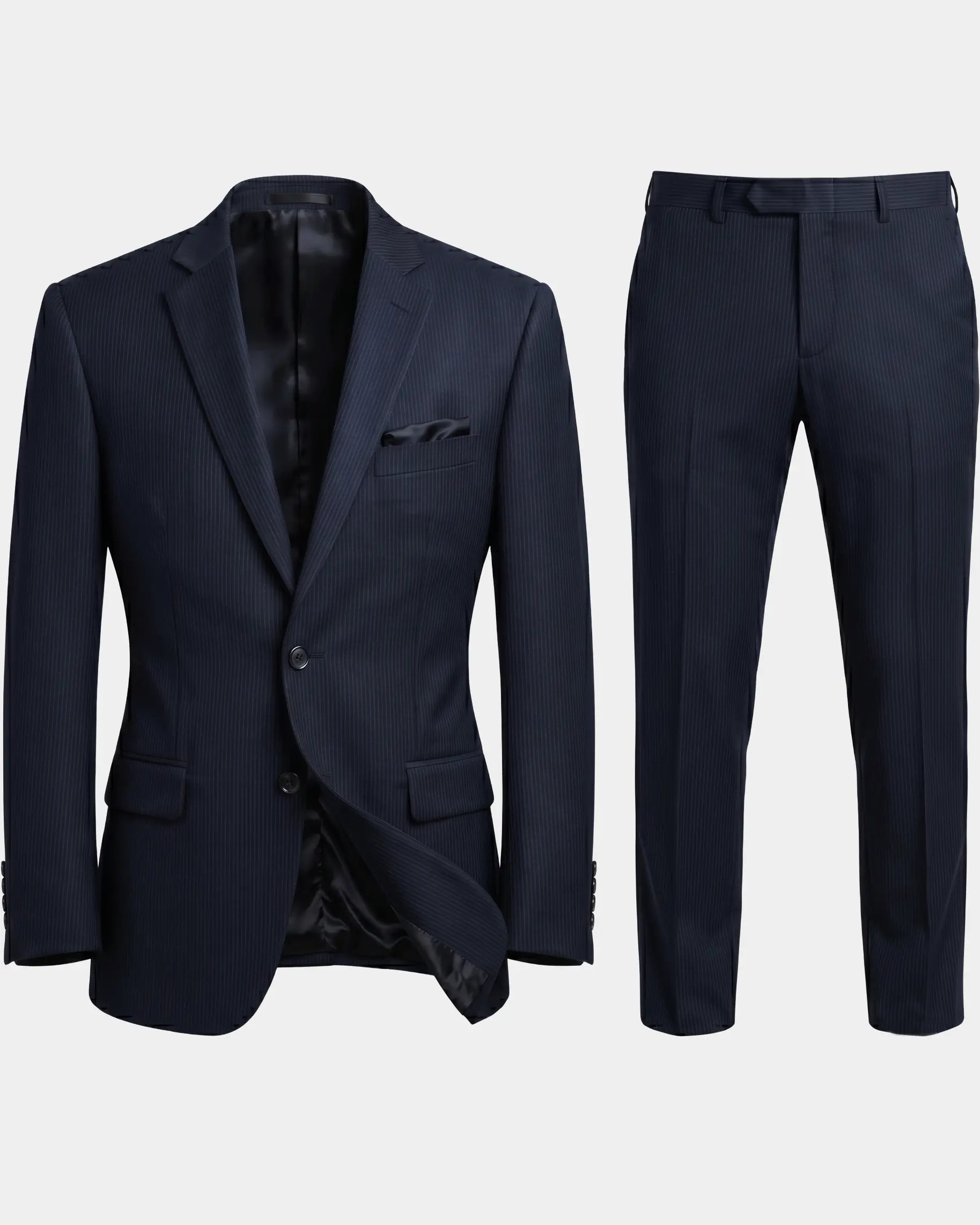 Full black pinstripe men's suit showing matching jacket and trousers as a coordinated tailored set