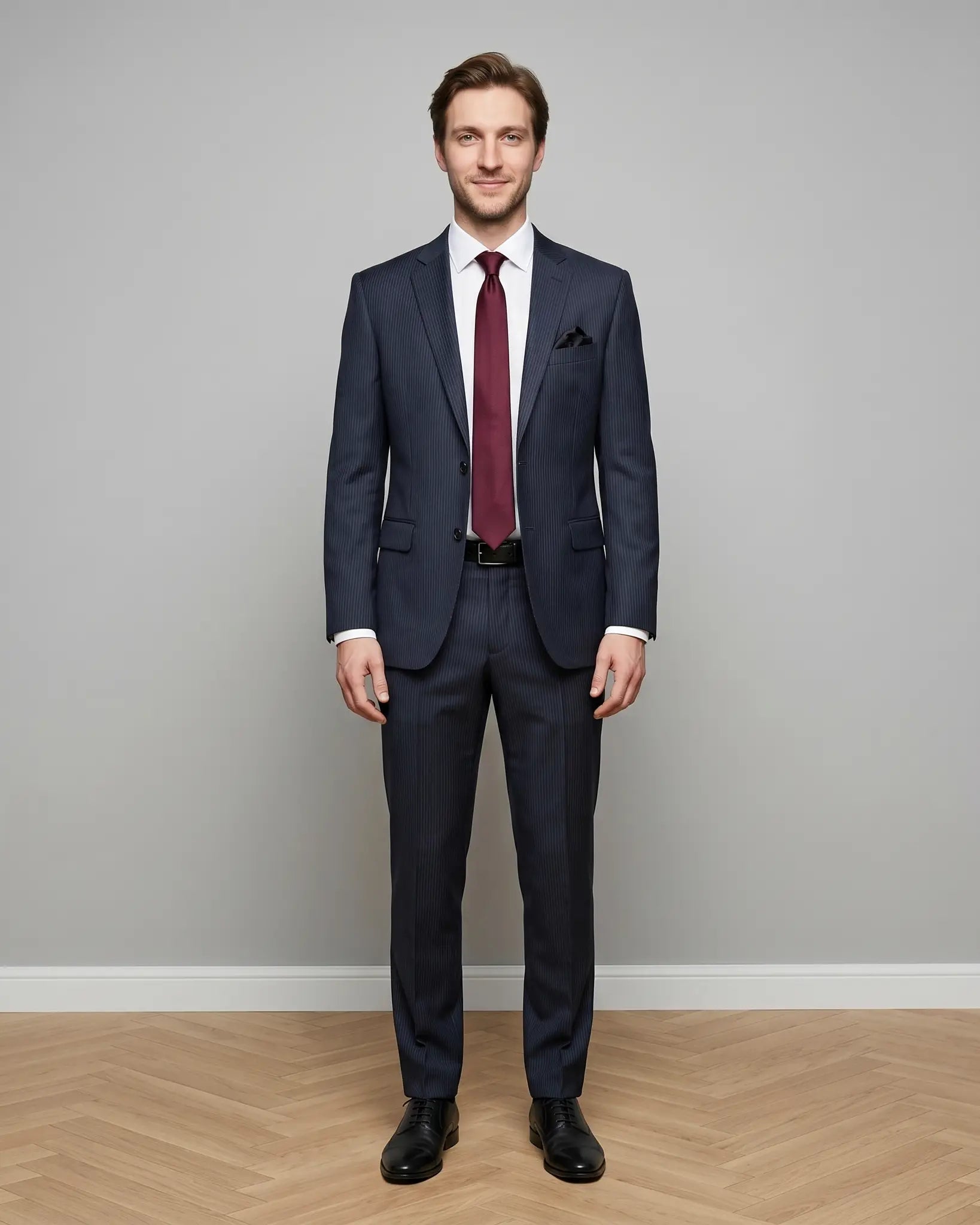 Full front model view of black pinstripe men's suit showing the complete jacket, trousers, black belt, and black leather shoes