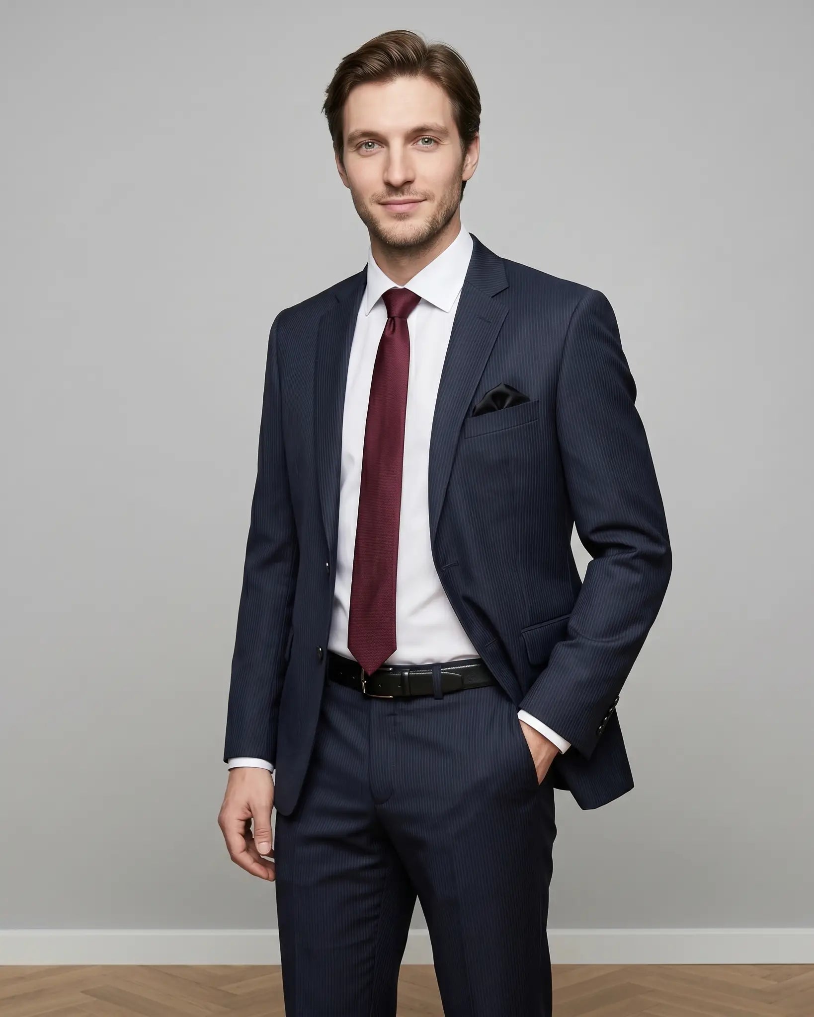 Three quarter model view of black pinstripe men's suit showing notch lapels, straight flap pockets, shirt, tie, and tailored silhouette
