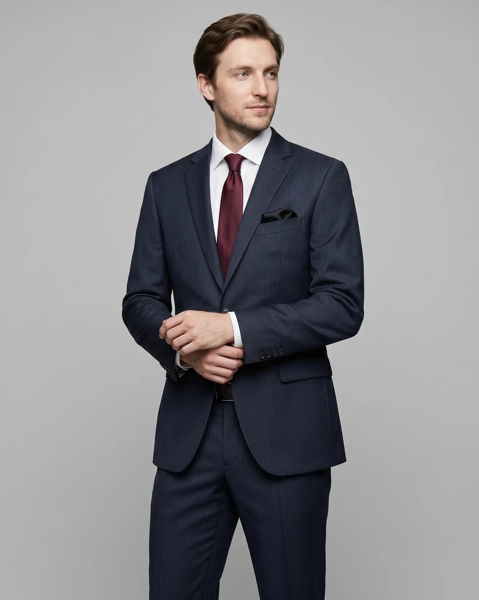 Mid thigh model view of black pinstripe men's suit showing lapel shape, natural lining glimpse, and sleeve button details