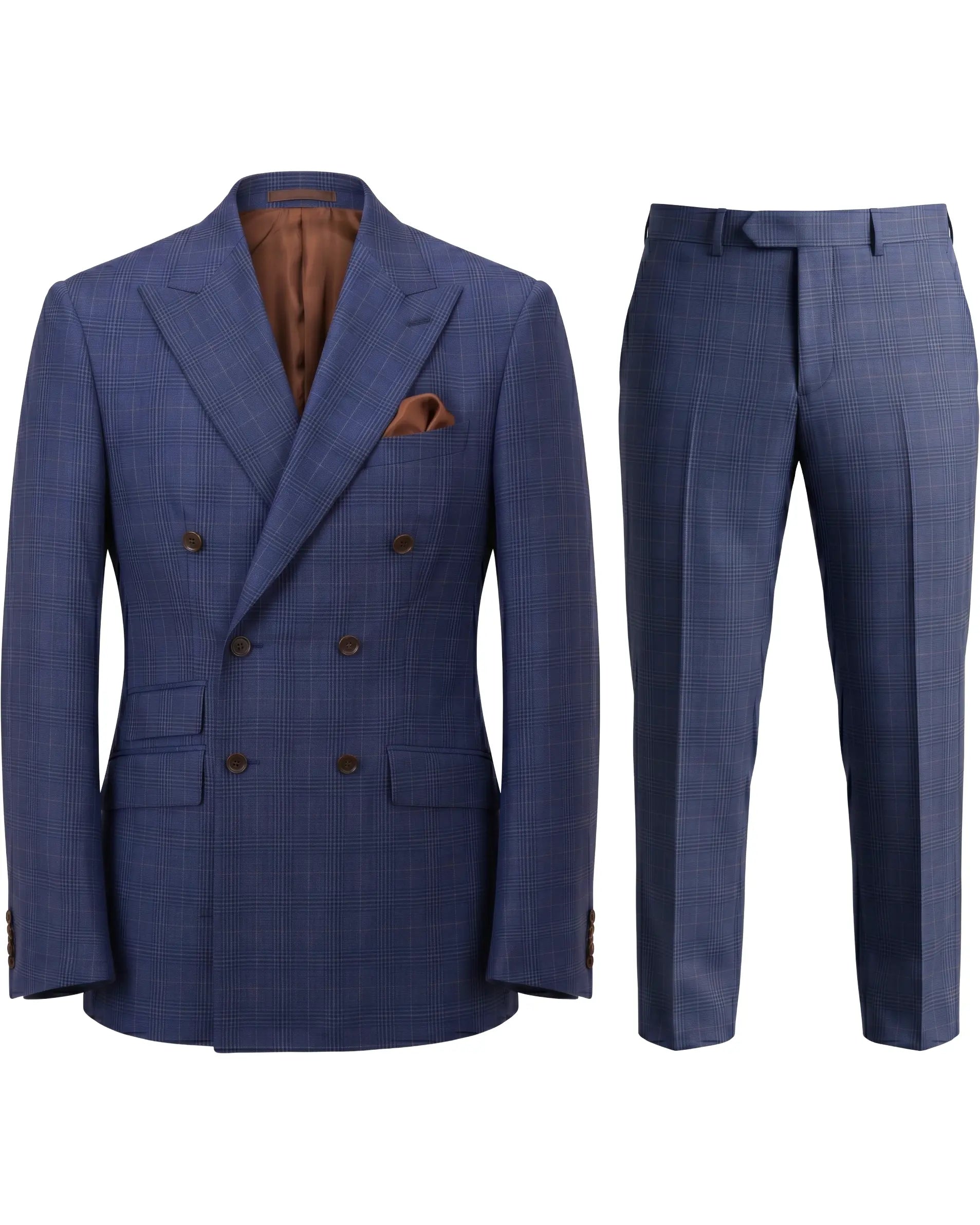 Full suit image of blue windowpane plaid men's suit showing matching jacket and trousers