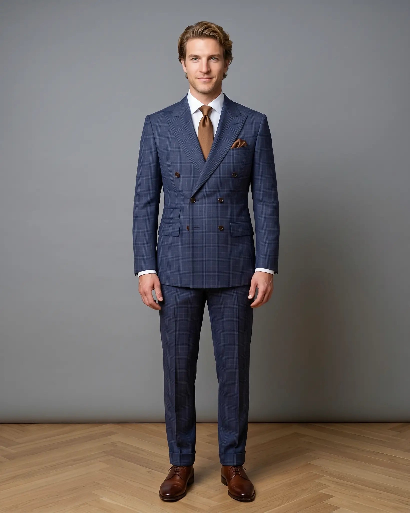 Front model view of blue windowpane plaid men's suit showing full body styling