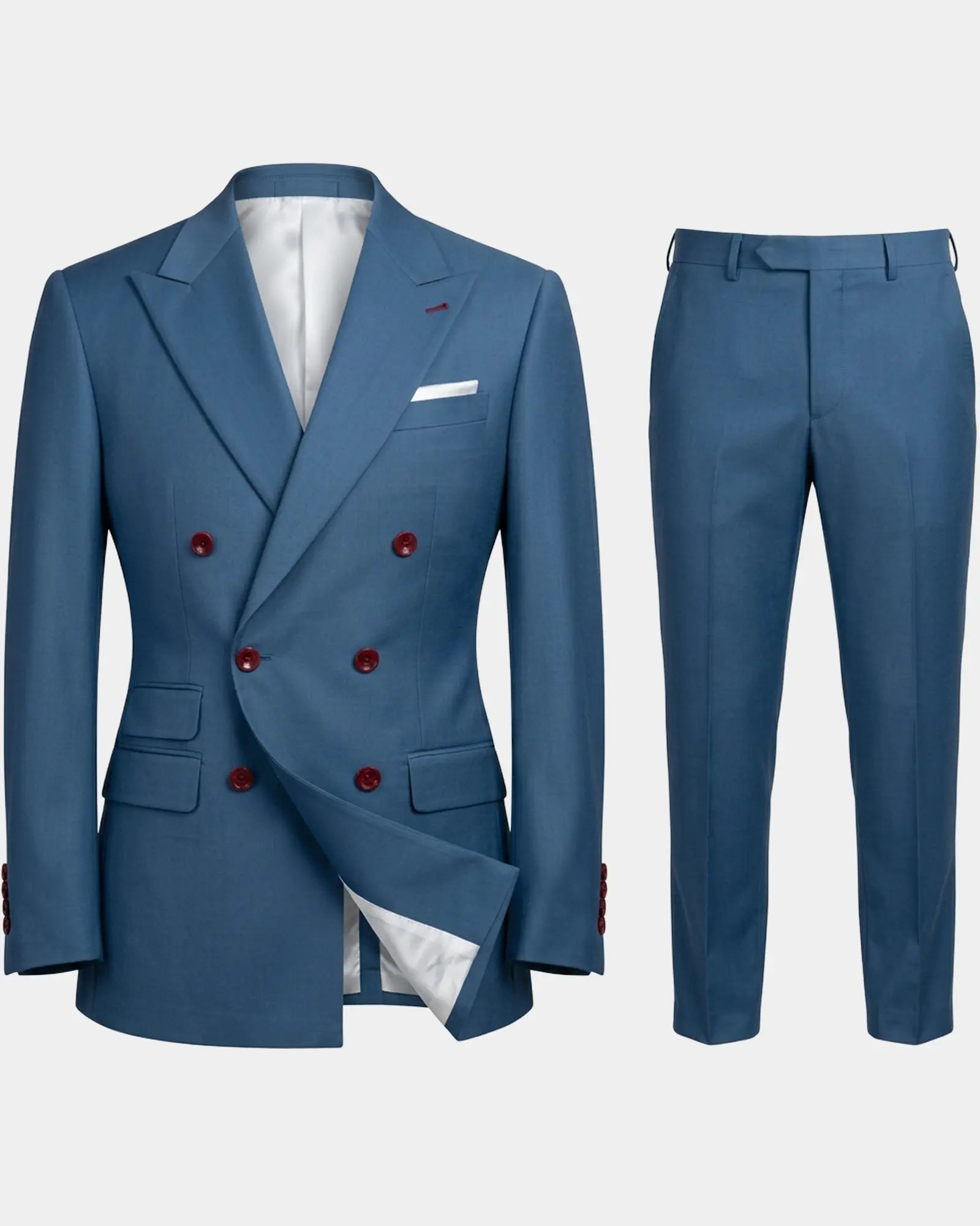 Ghost mannequin view of cornflower blue solid twill weave men's suit showing full jacket and trouser set