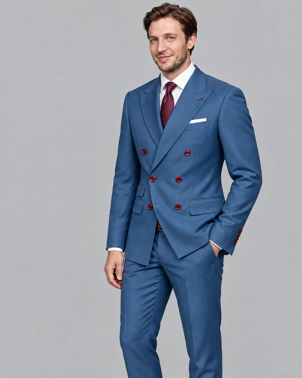 Three quarter model view of cornflower blue solid twill weave men's suit showing tailored silhouette