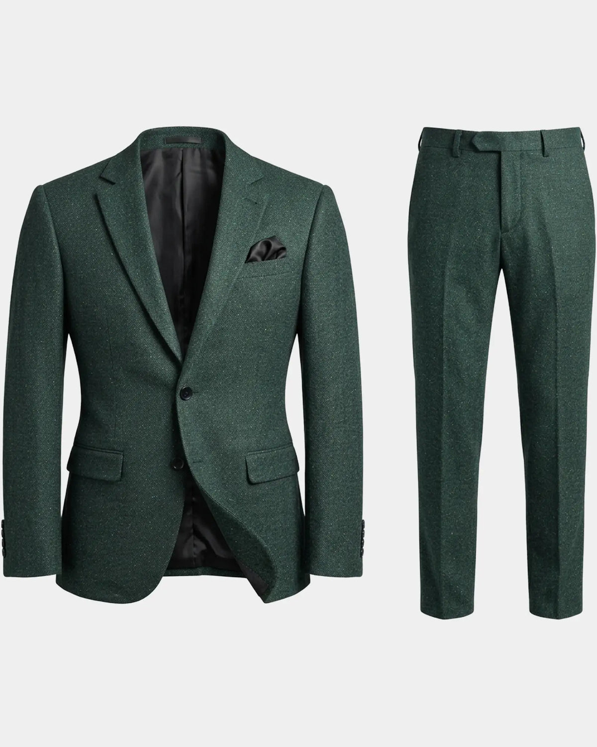 Full product view of dark forest green Donegal tweed men's suit showing matching jacket and trousers