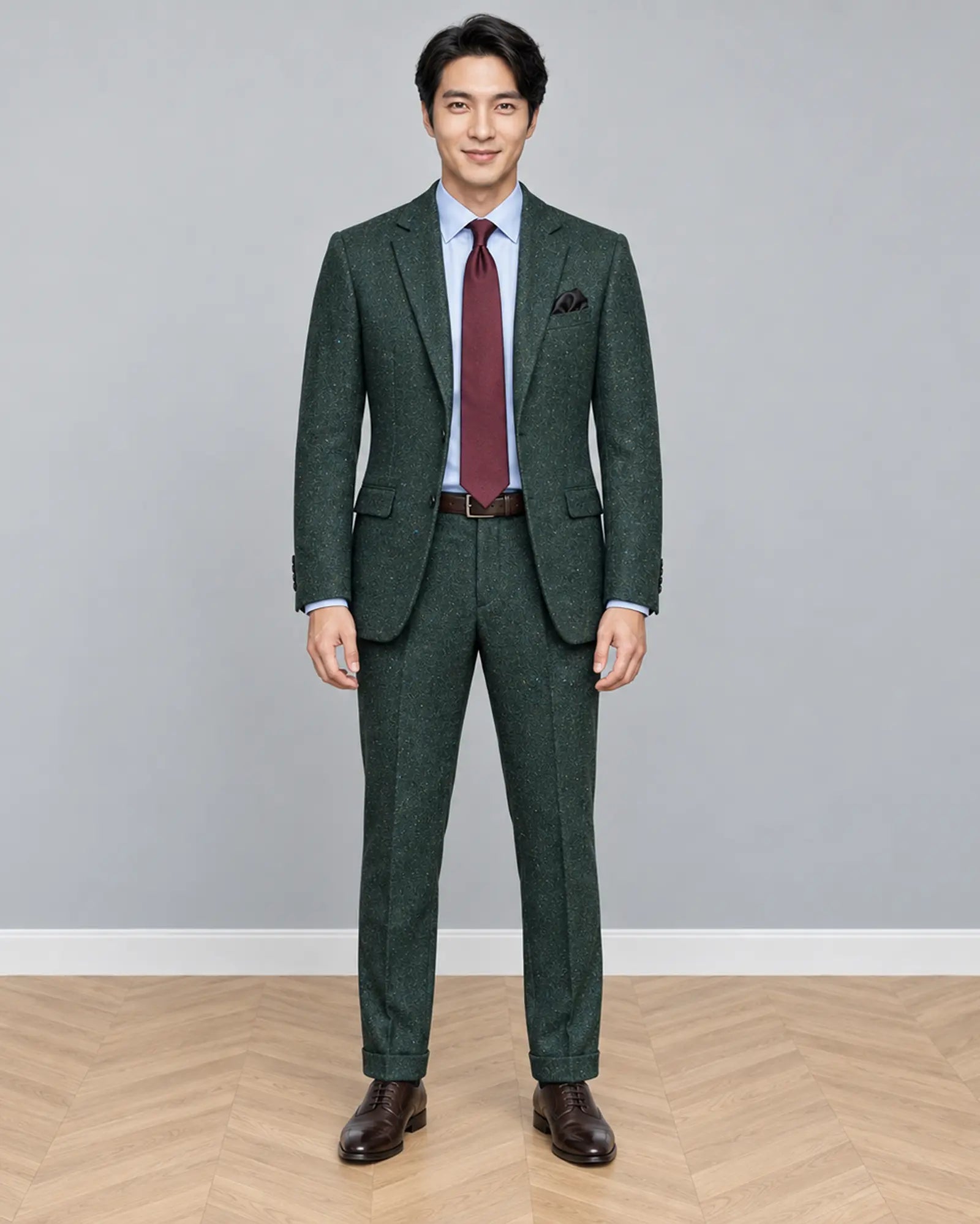 Full body front view of dark forest green Donegal tweed men's suit showing the complete tailored silhouette