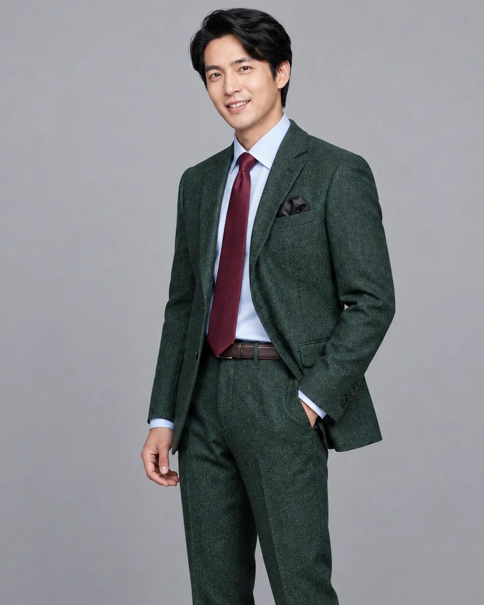 Mid thigh side view of dark forest green Donegal tweed men's suit showing the lapel and natural jacket drape