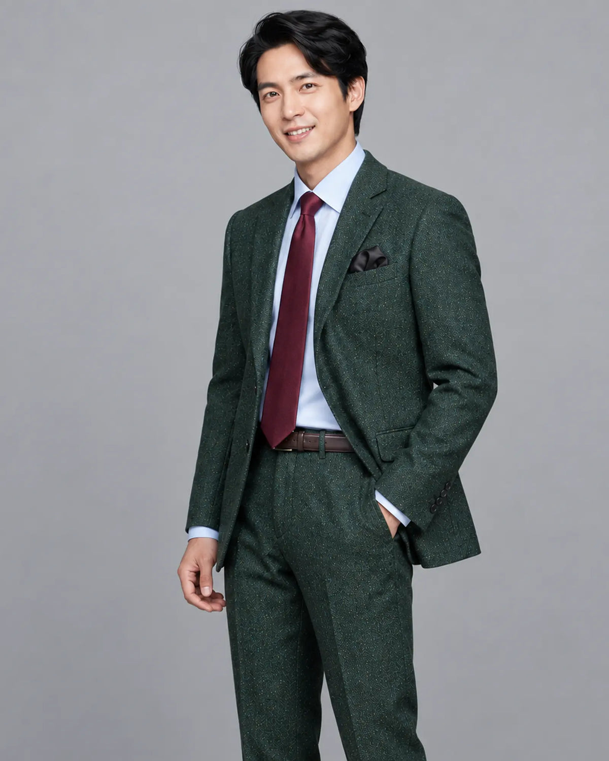 Mid thigh side view of dark forest green Donegal tweed men's suit showing the lapel and natural jacket drape