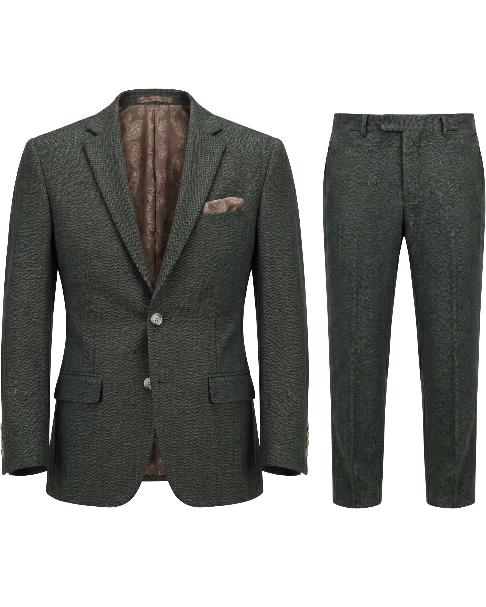 Full suit image of dark forest green herringbone men's suit showing matching jacket and trousers