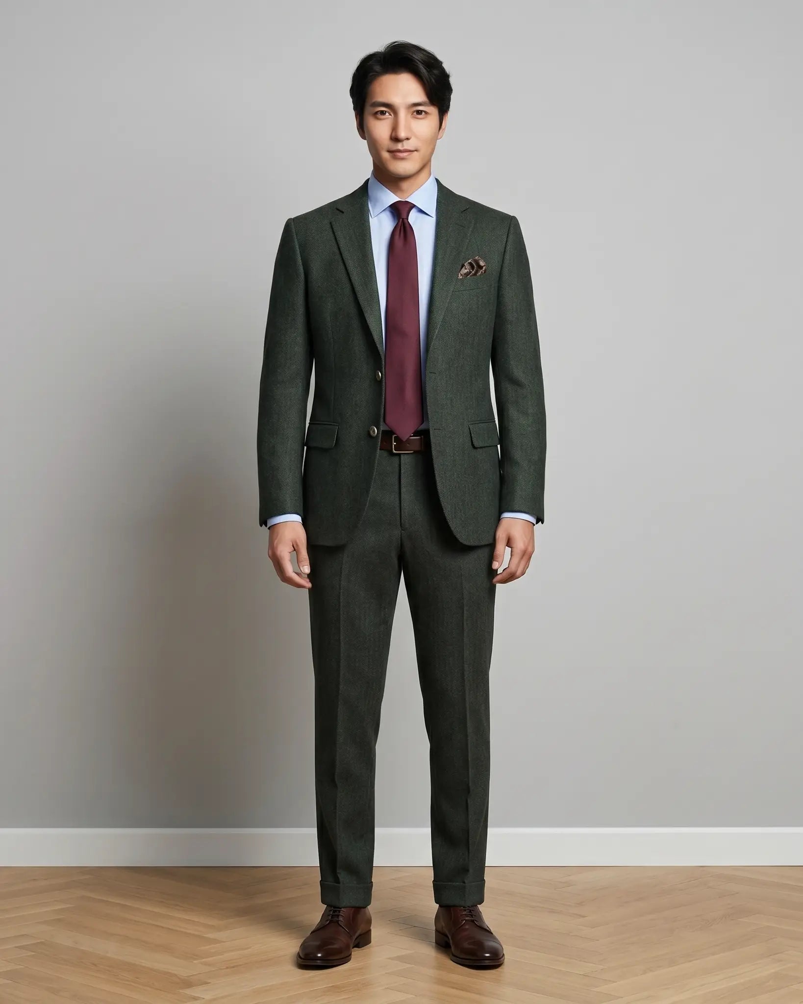 Front model view of dark forest green herringbone men's suit showing full tailored fit