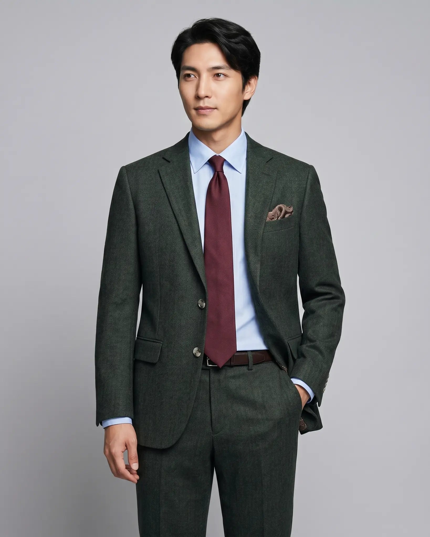 Three quarter model view of dark forest green herringbone men's suit showing natural lining glimpse