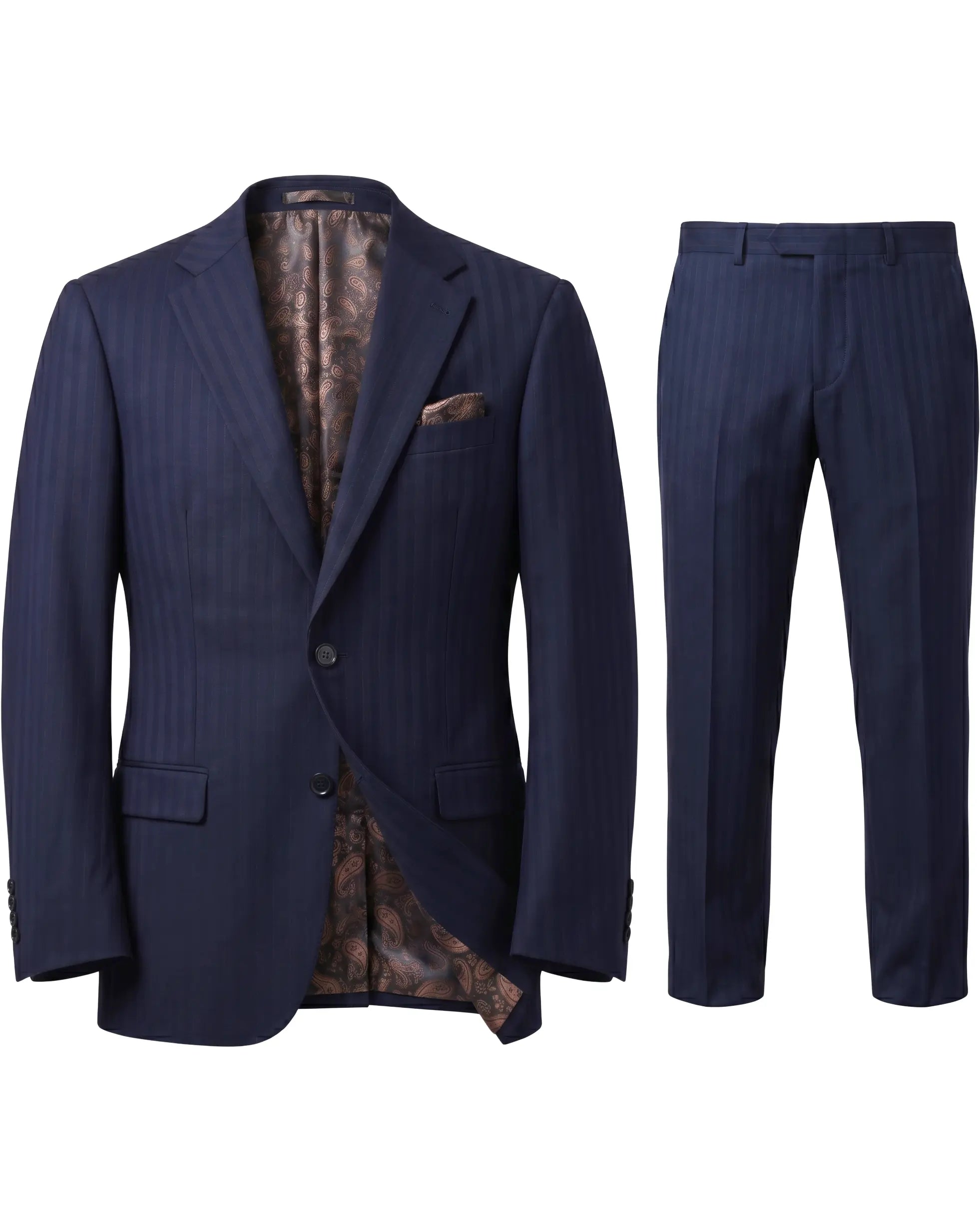 Ghost mannequin image of dark navy with brown herringbone stripe men's suit showing the jacket and trousers.
