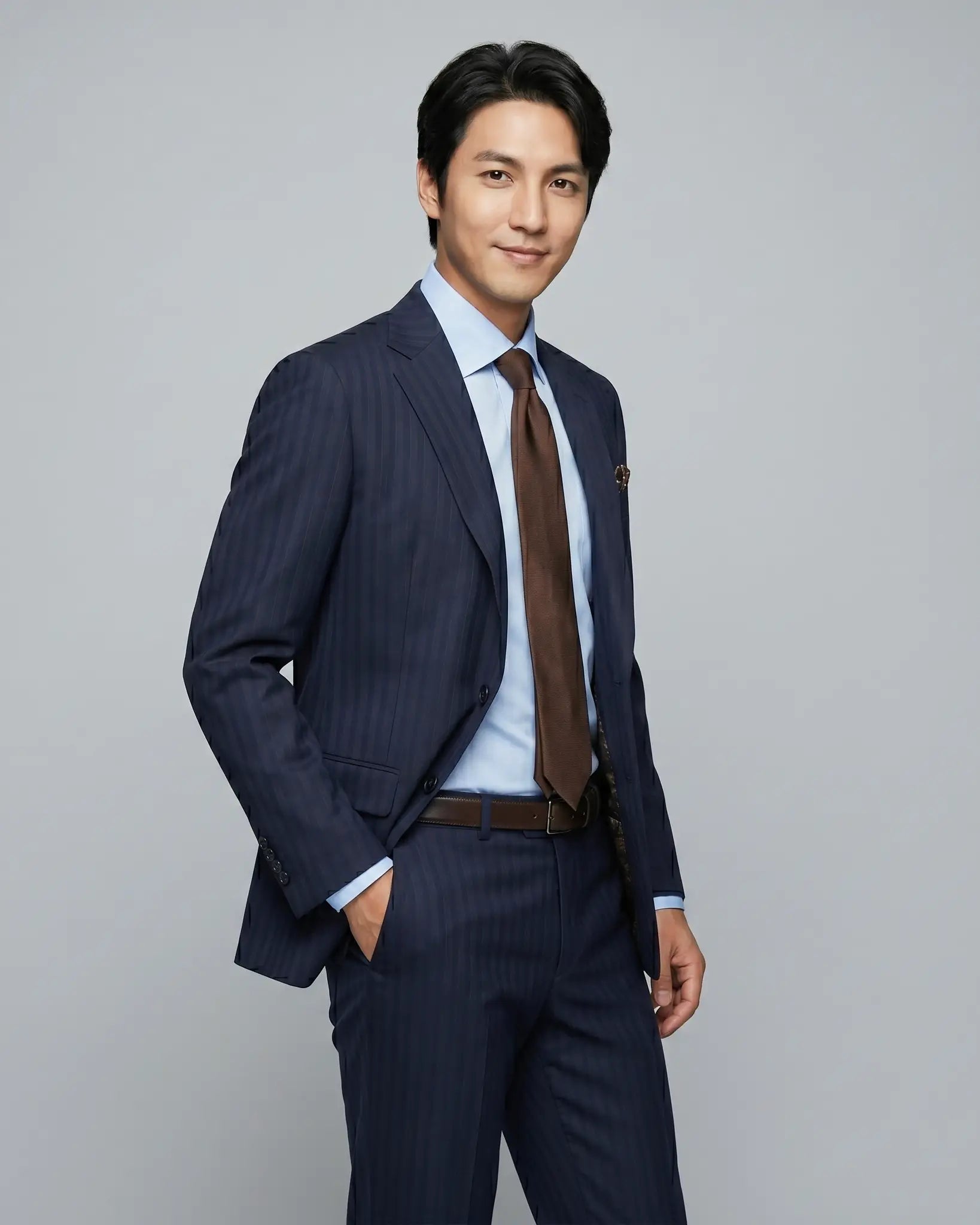 Three quarter model image of dark navy with brown herringbone stripe men's suit showing the jacket shape and trouser fit.