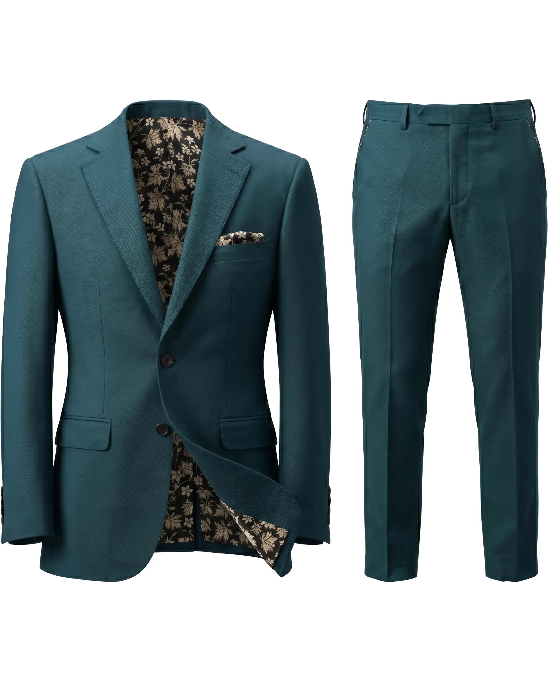 Full ghost mannequin view of deep teal green solid men's suit showing jacket and matching trousers
