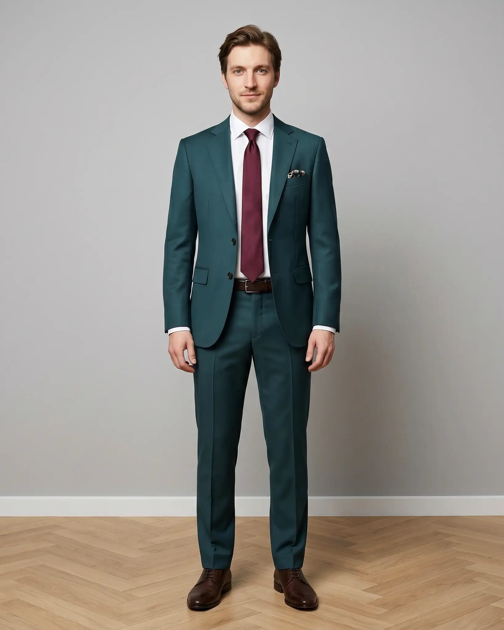 Model front view of deep teal green solid men's suit showing full body styling, jacket, trousers, tie, belt, shoes, and matching lining pocket square