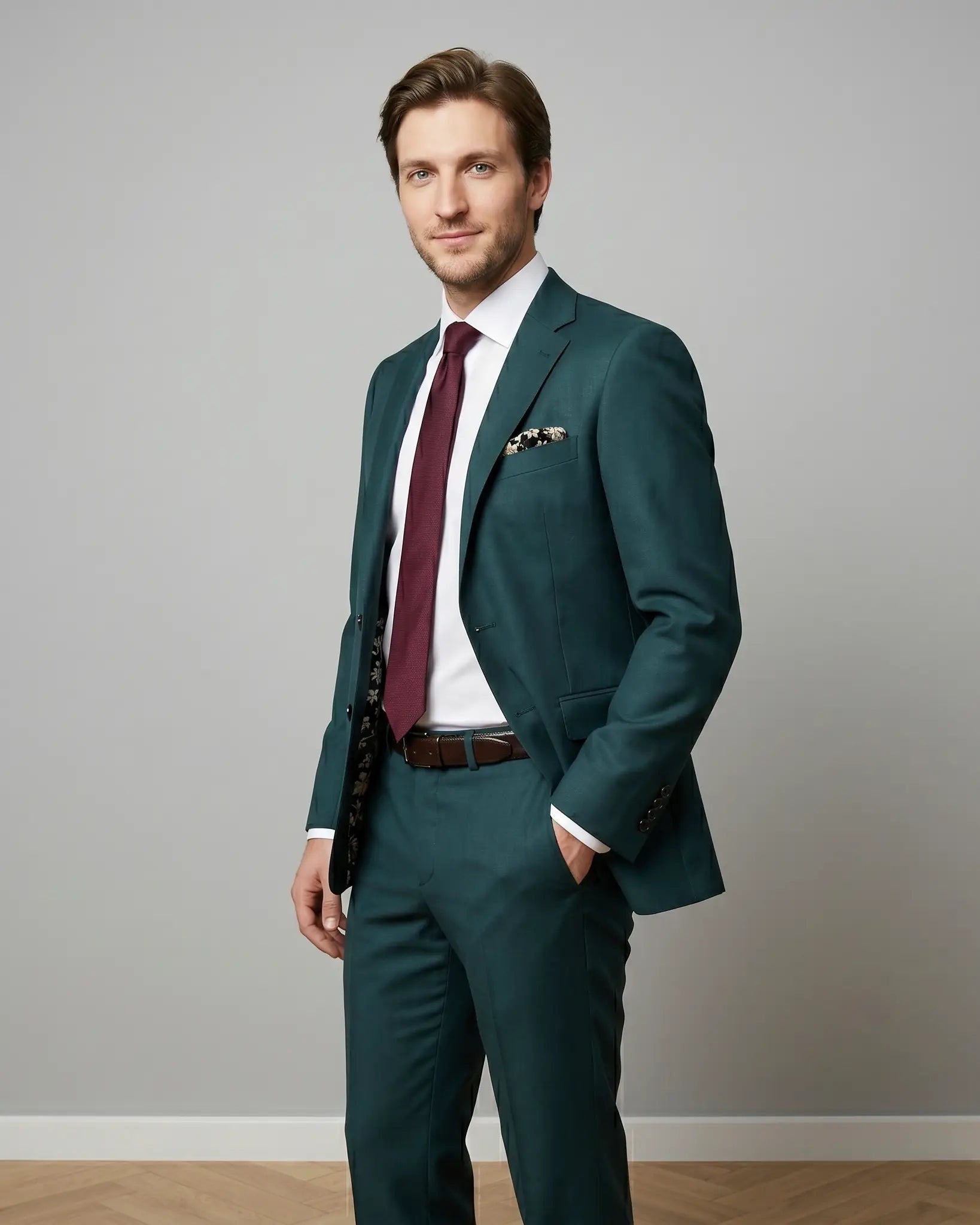 Three quarter model view of deep teal green solid men's suit showing tailored jacket shape, lapels, trousers, tie, and pocket square