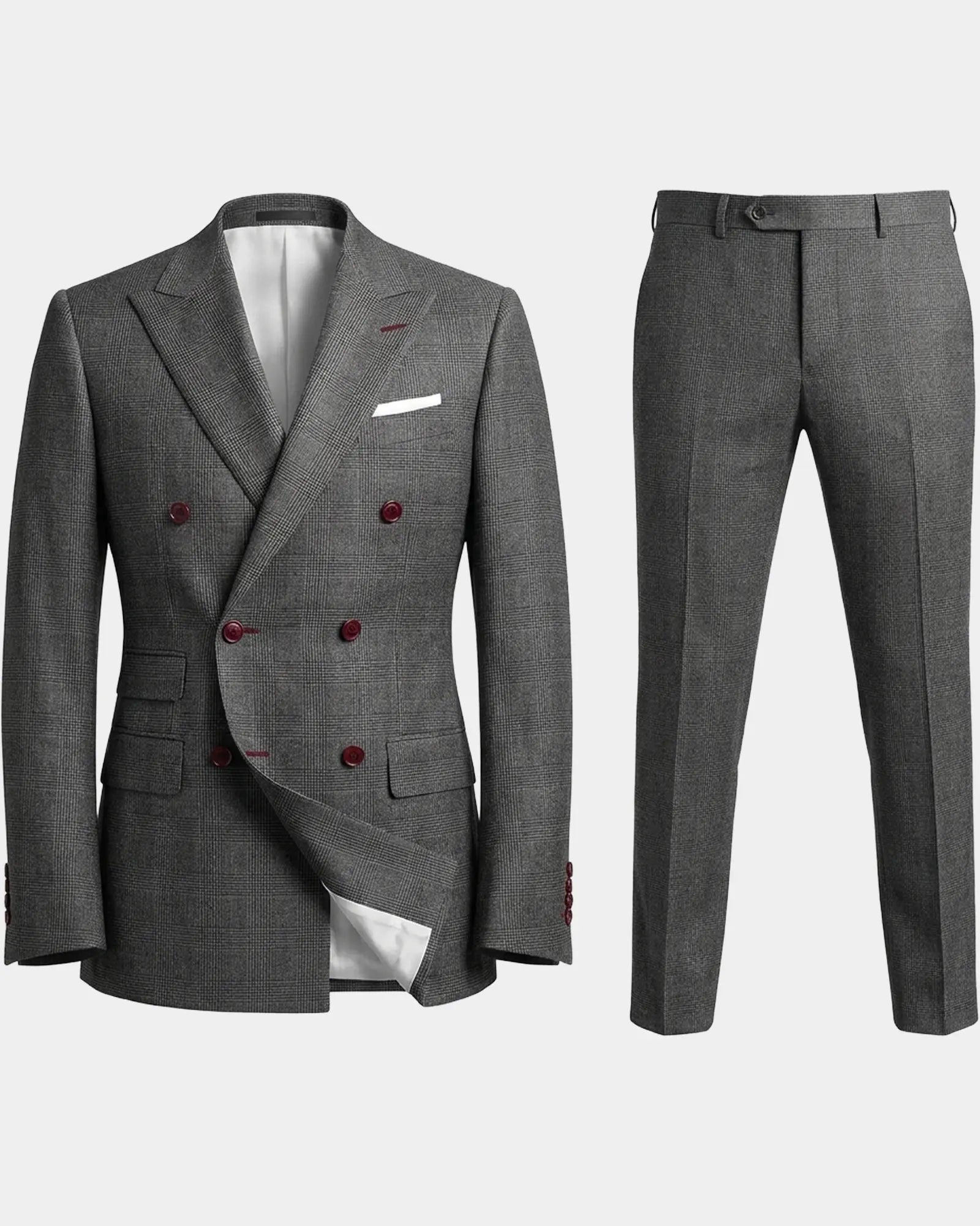 Ghost mannequin view of grey houndstooth Prince of Wales Glen plaid men's suit showing jacket and matching trousers