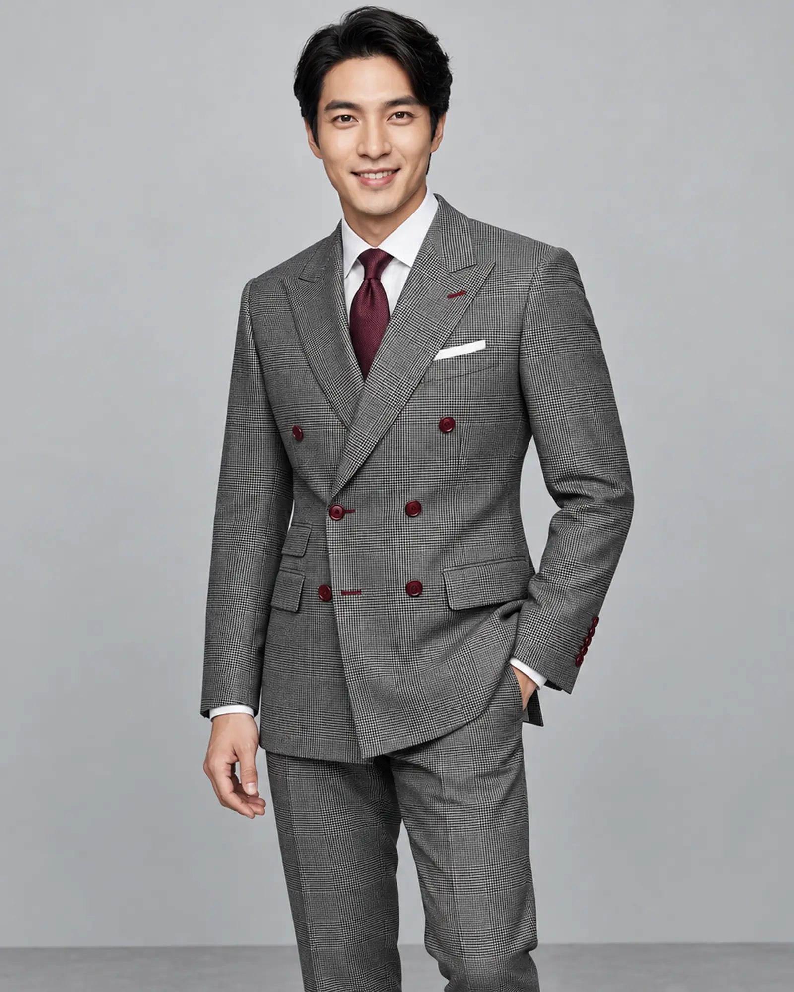 Three quarter view of grey houndstooth Prince of Wales Glen plaid men's suit showing tailored double breasted construction