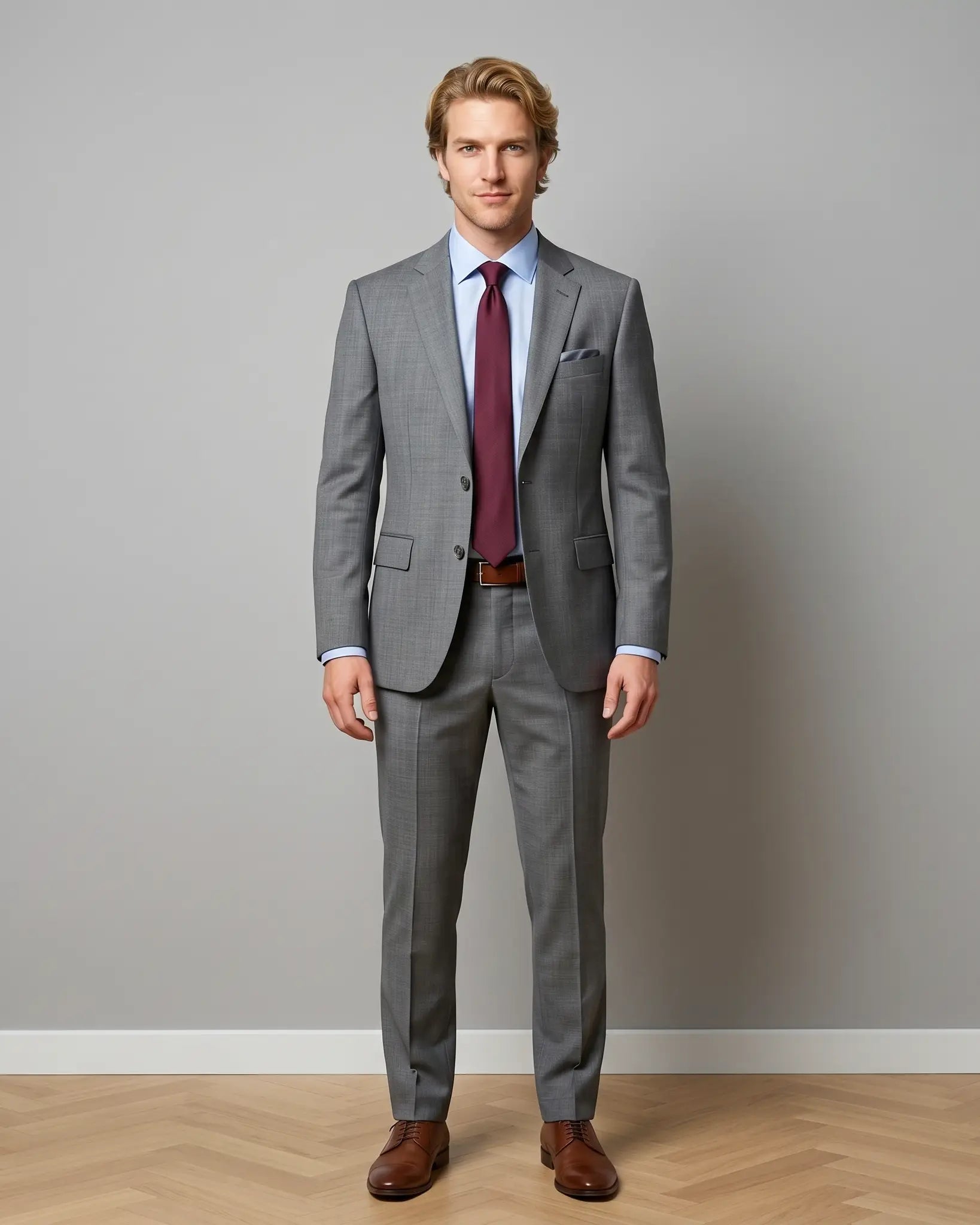 Front model view of grey sharkskin men's suit showing full outfit styling
