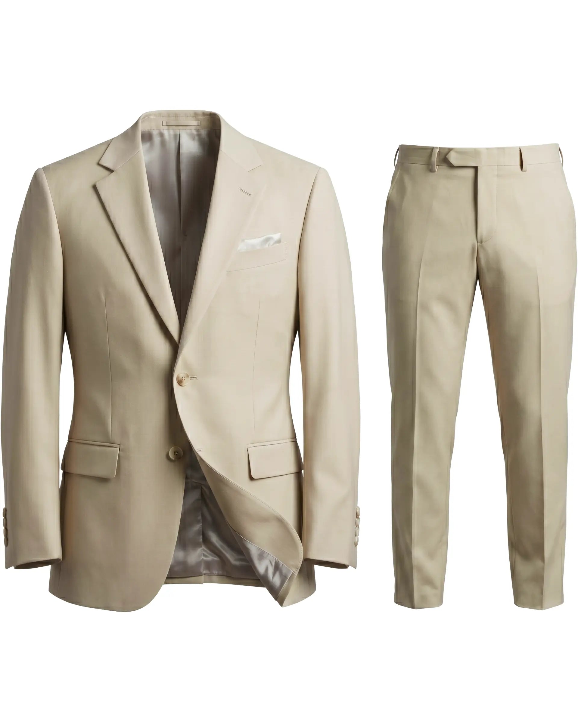 Ghost mannequin view of light beige plain men's suit showing full jacket and trouser pairing
