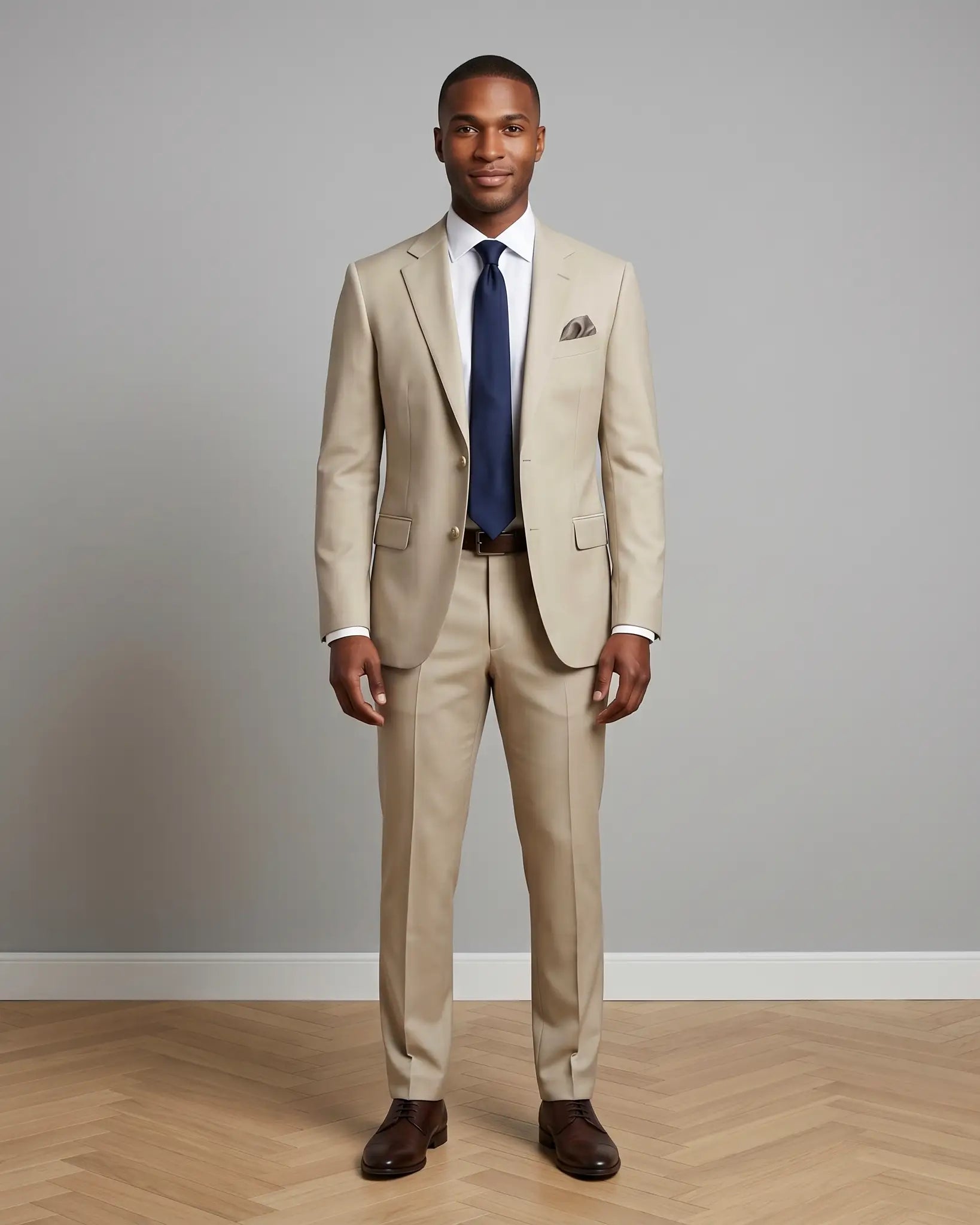 Front model view of light beige plain men's suit showing full tailored outfit