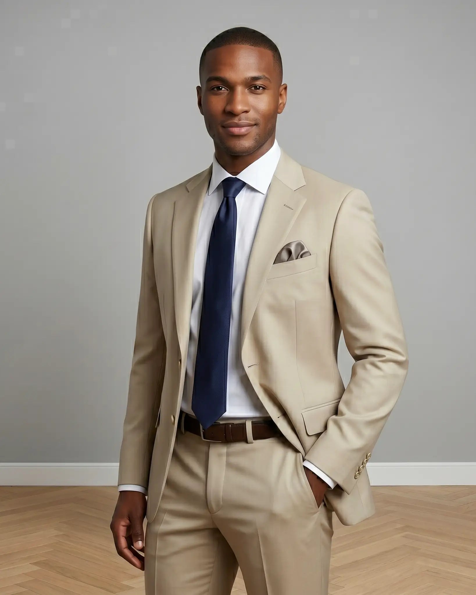 Side model view of light beige plain men's suit showing angled three quarter styling
