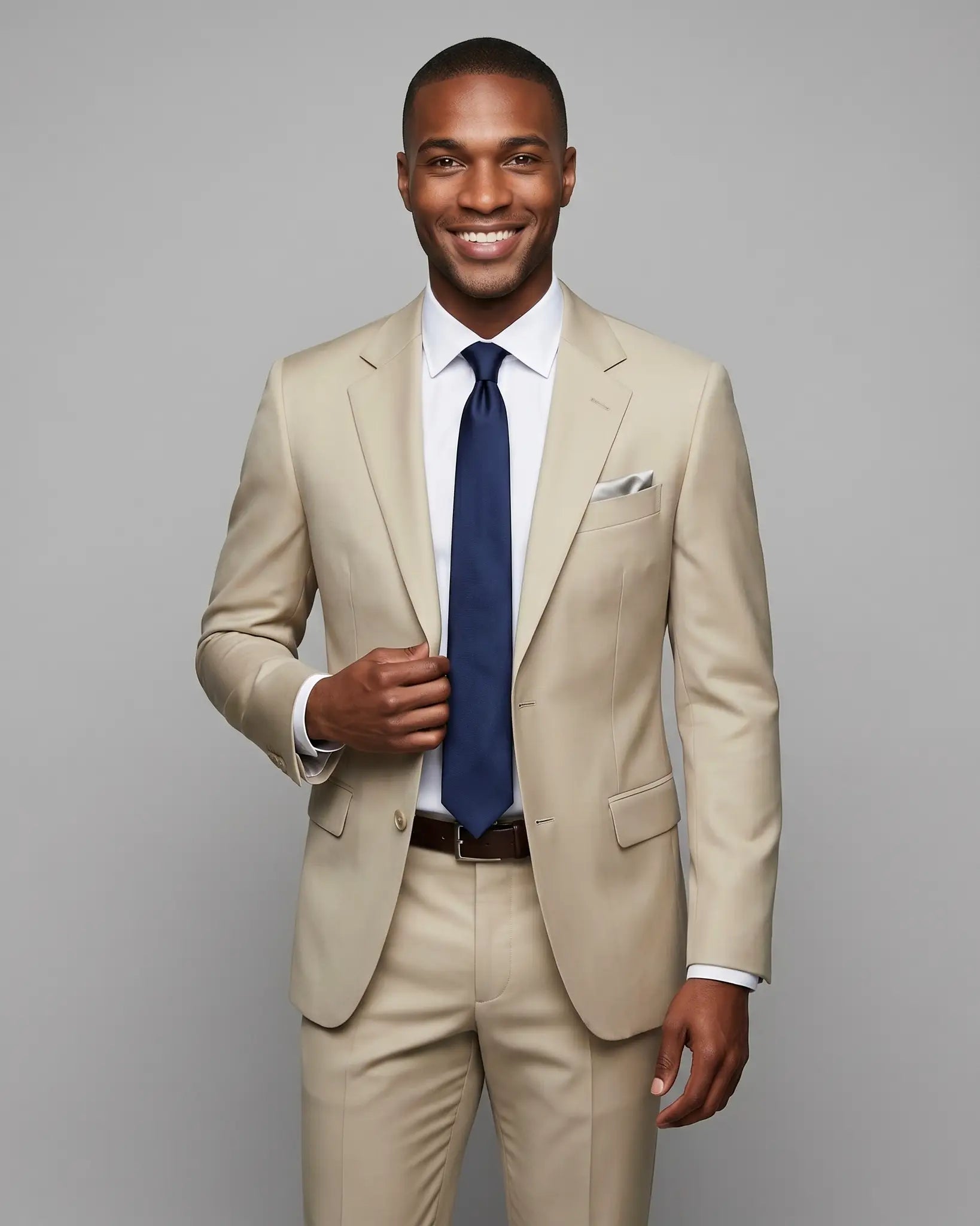 Angled model view of light beige plain men's suit showing lapel and natural lining glimpse